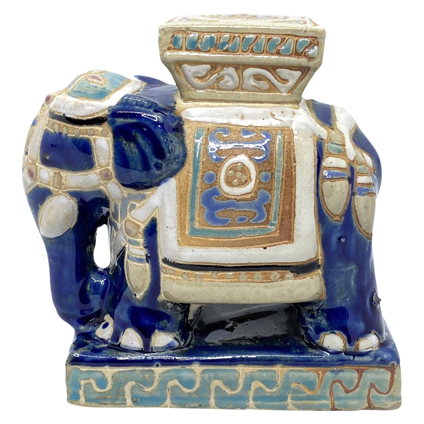 Petite Vintage Hollywood Regency Chinese Blue Elephant Stool Plant Stand or Seat For Sale