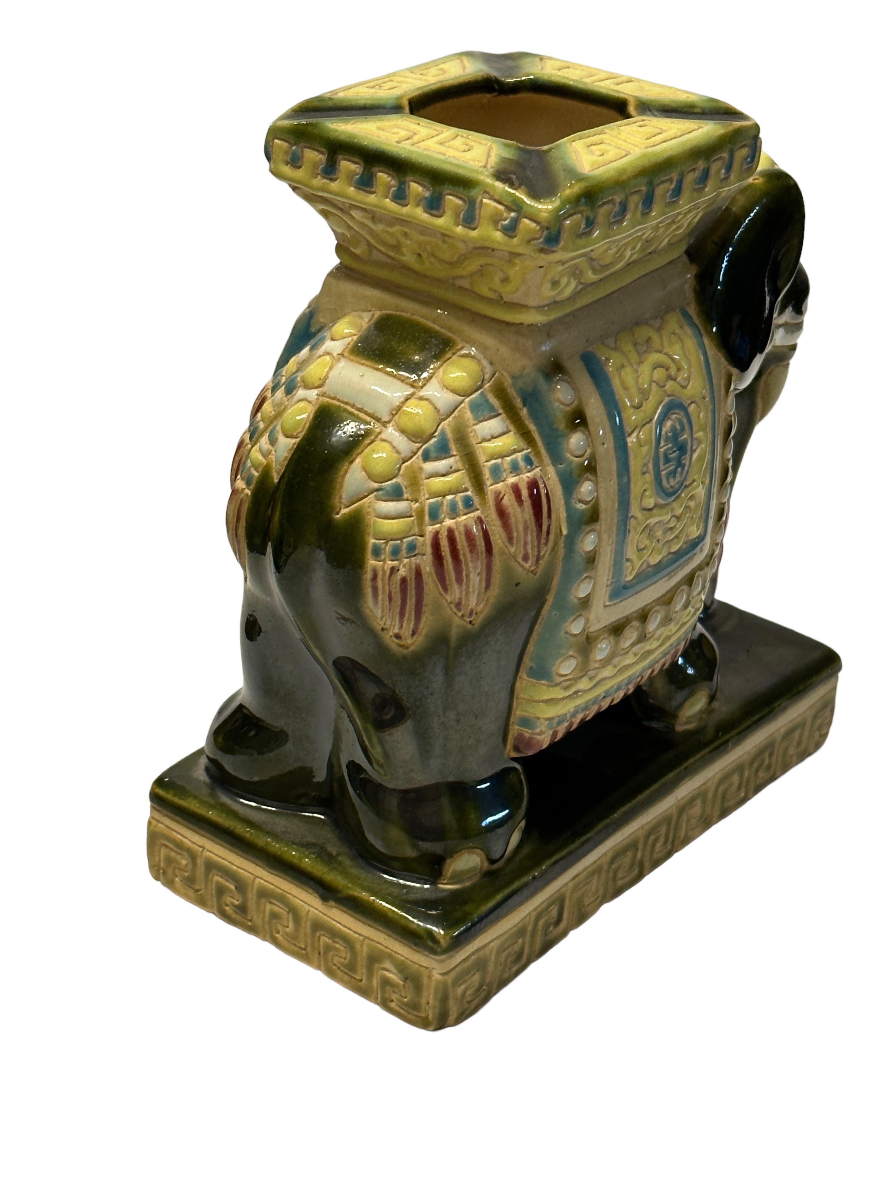 German Petite Vintage Hollywood Regency Chinese Ceramic Elephant Ashtray For Sale
