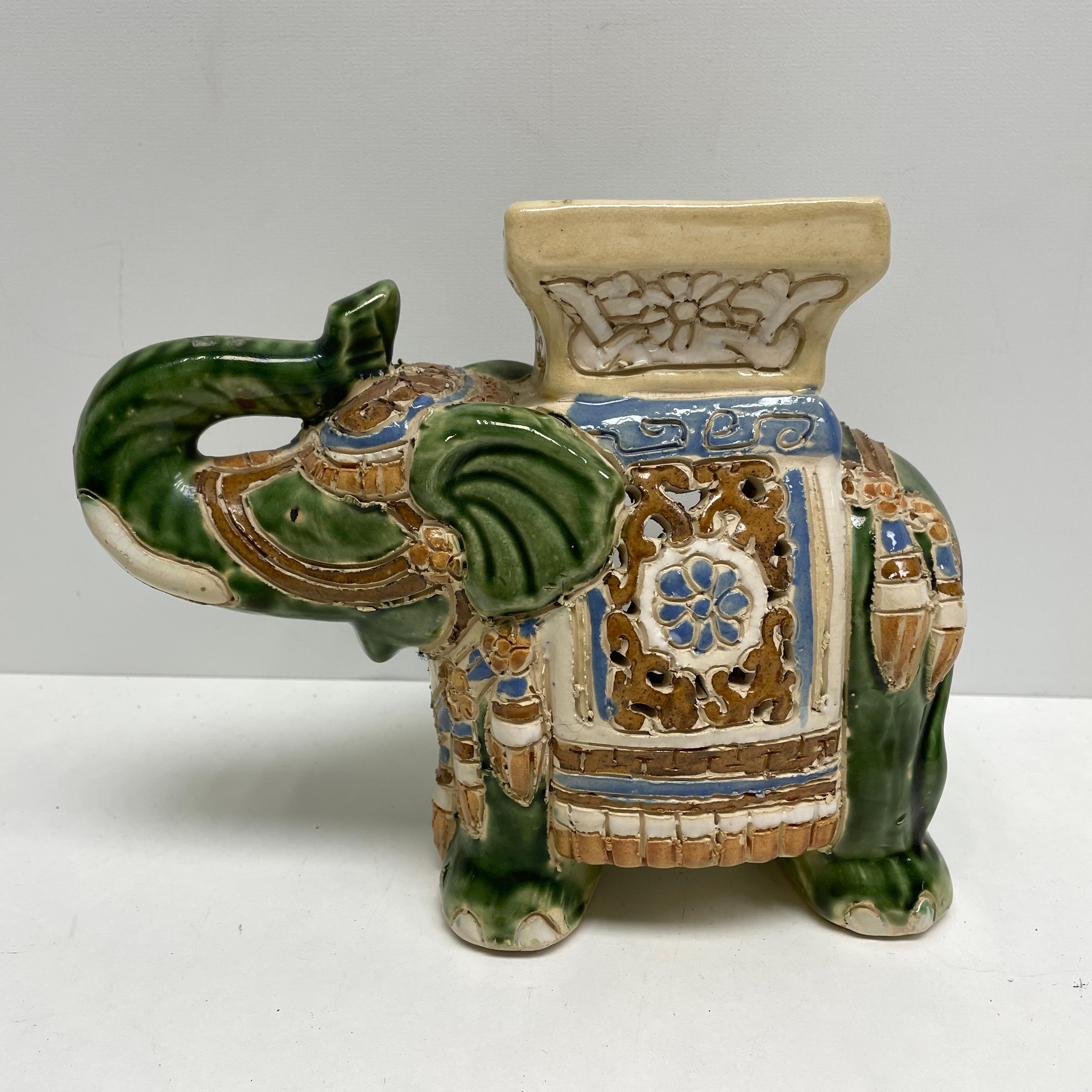 Petite mid-20th century glazed ceramic elephant candle Fragrance lamp for Oil. Handmade of ceramic. Nice addition to your home, patio or garden.
         