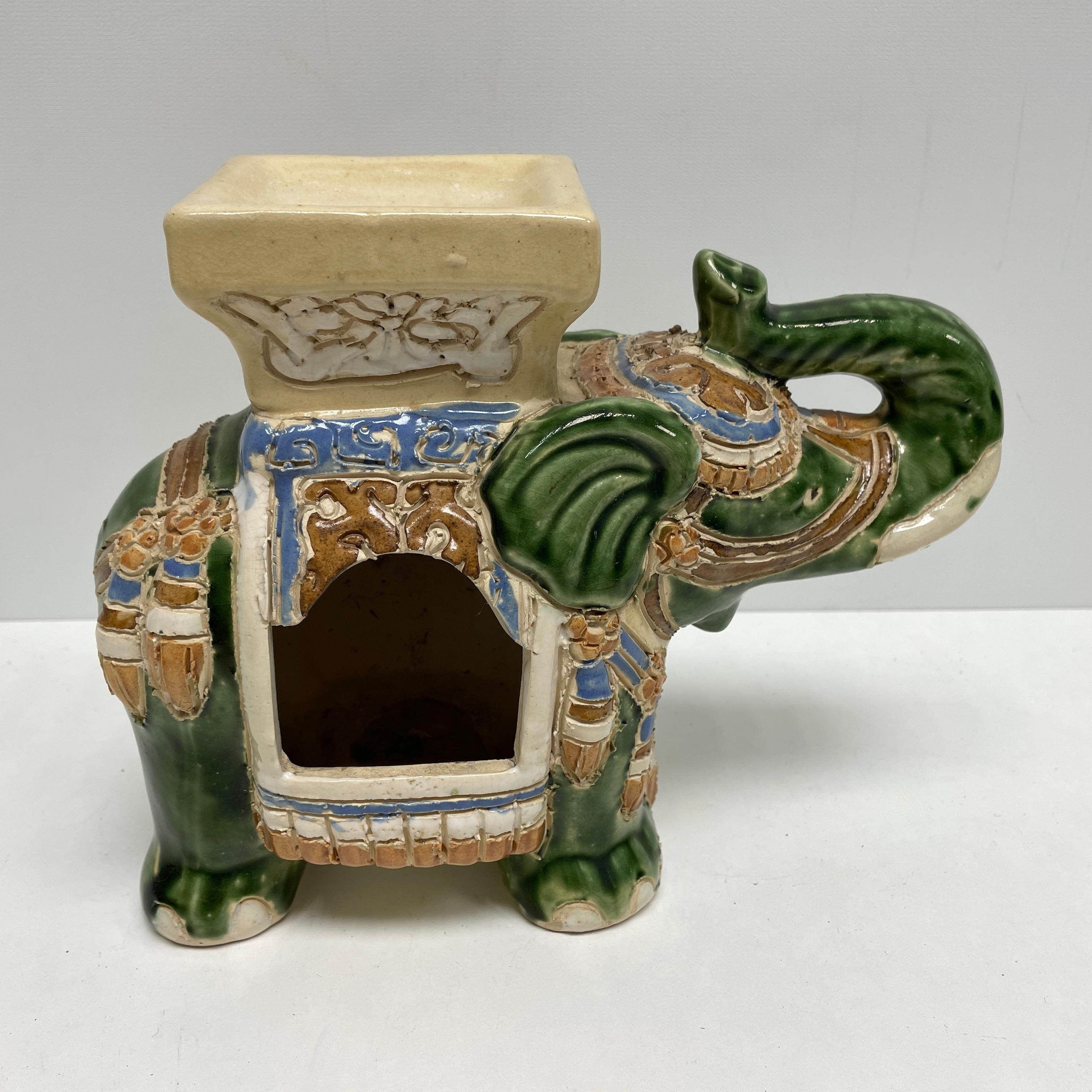 Glazed Petite Vintage Hollywood Regency Chinese Ceramic Elephant Candle Fragrance Lamp