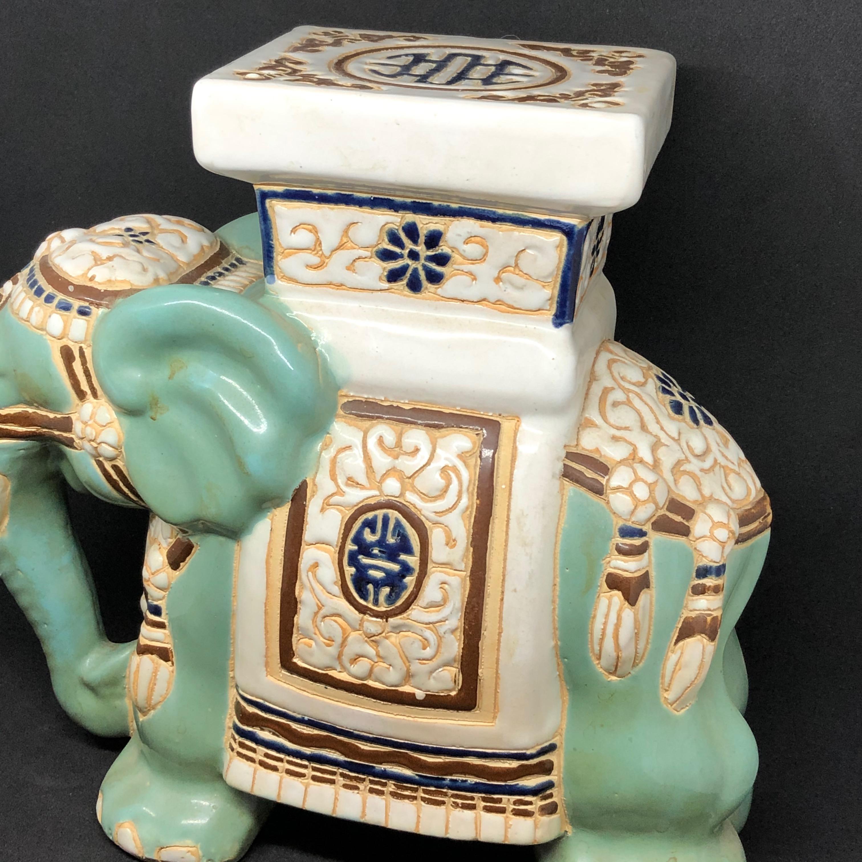 Ceramic Petite Vintage Hollywood Regency Chinese Jade Green Elephant Flower Pot Stand