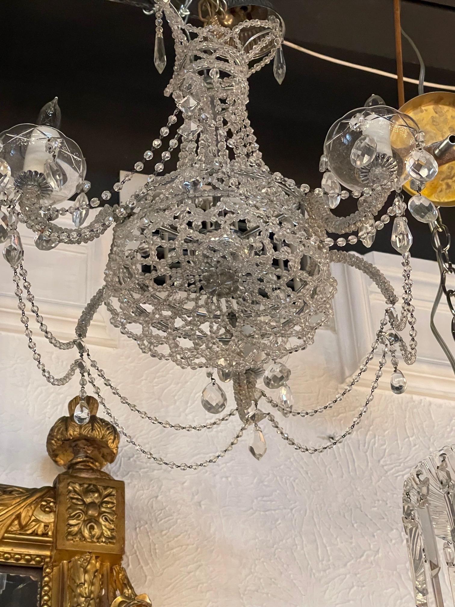 Petite Vintage Italian 3 Light Beaded Crystal Chandelier In Good Condition For Sale In Dallas, TX