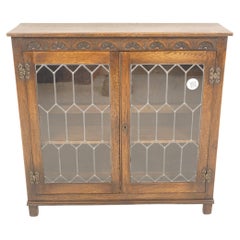 Petite Vintage Oak Leaded Glam Bookcase Display Cabinet, Scotland 1930, H816