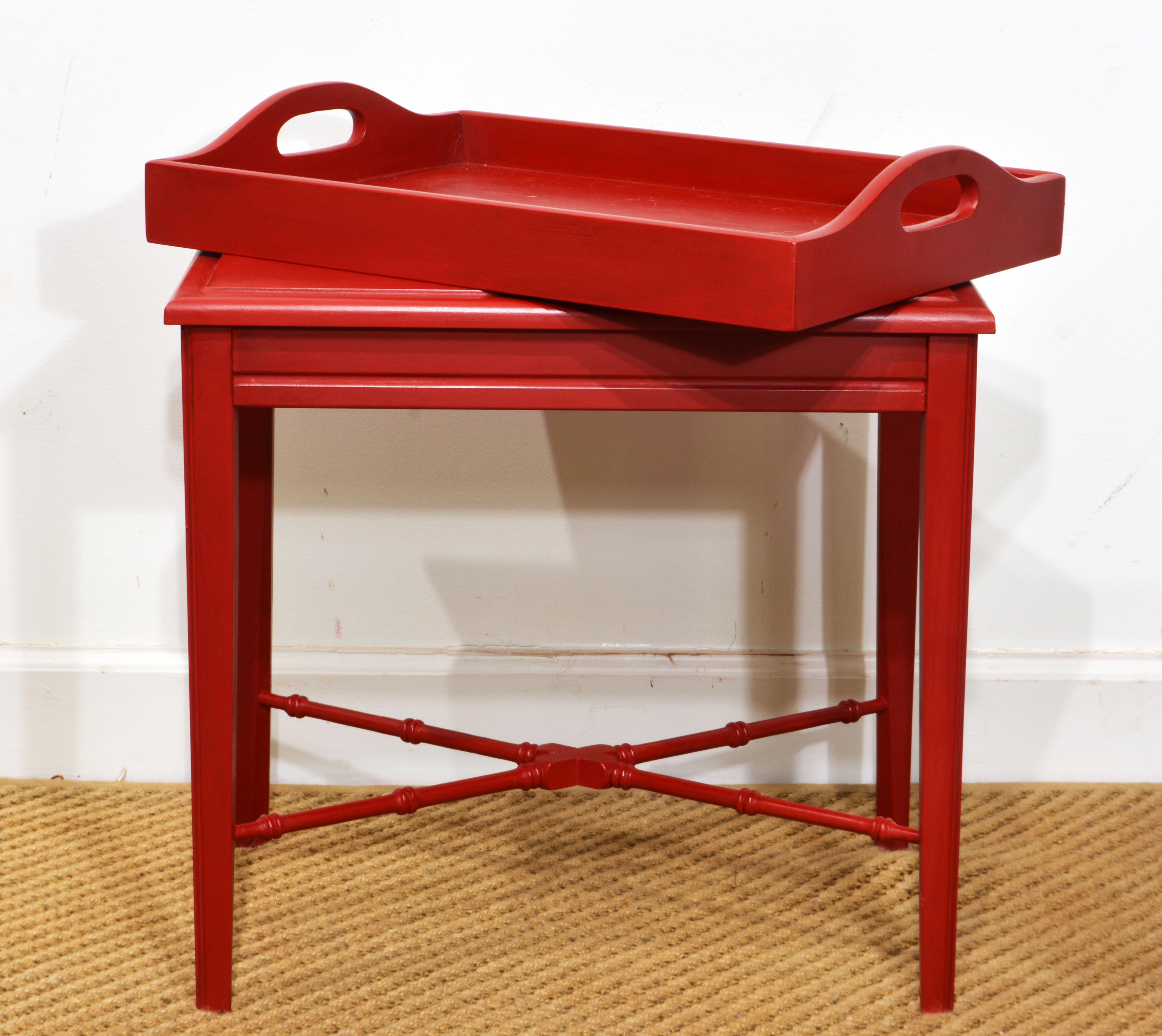 American Petite Vintage Regency Style Venetian Red Lacquered Butlers Lift Off Tray Table
