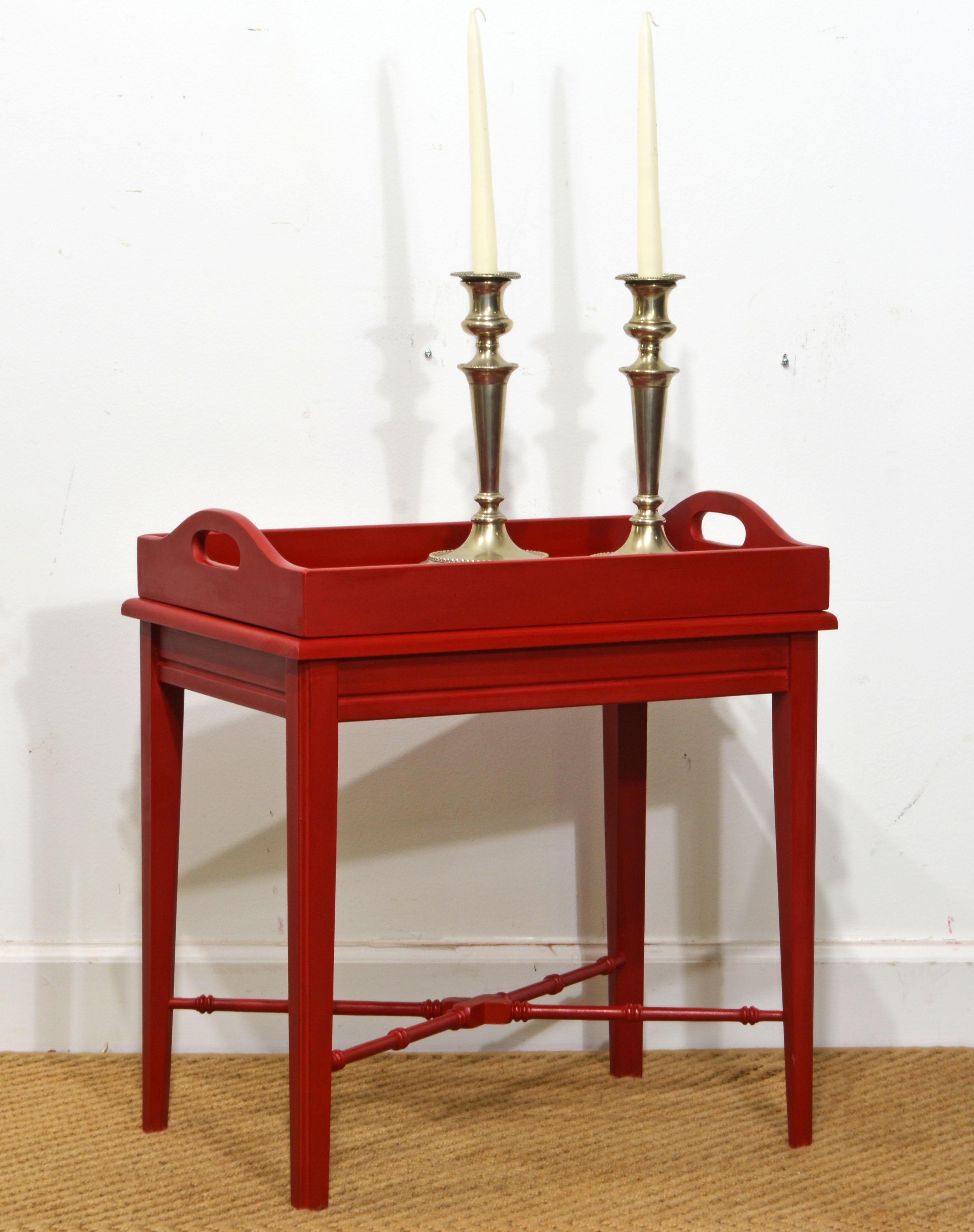 Wood Petite Vintage Regency Style Venetian Red Lacquered Butlers Lift Off Tray Table