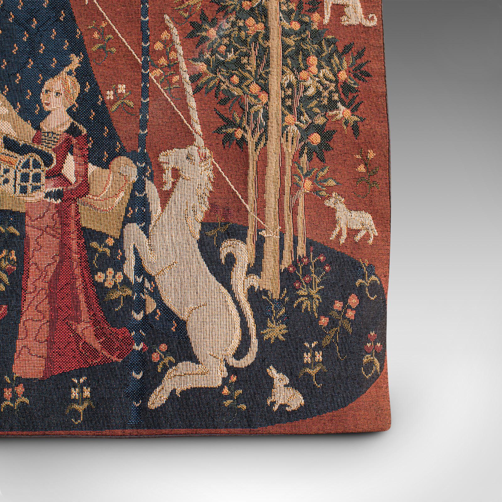 Textile Petite Vintage Tapestry, French, Hanging Needlepoint, The Lady and The Unicorn For Sale