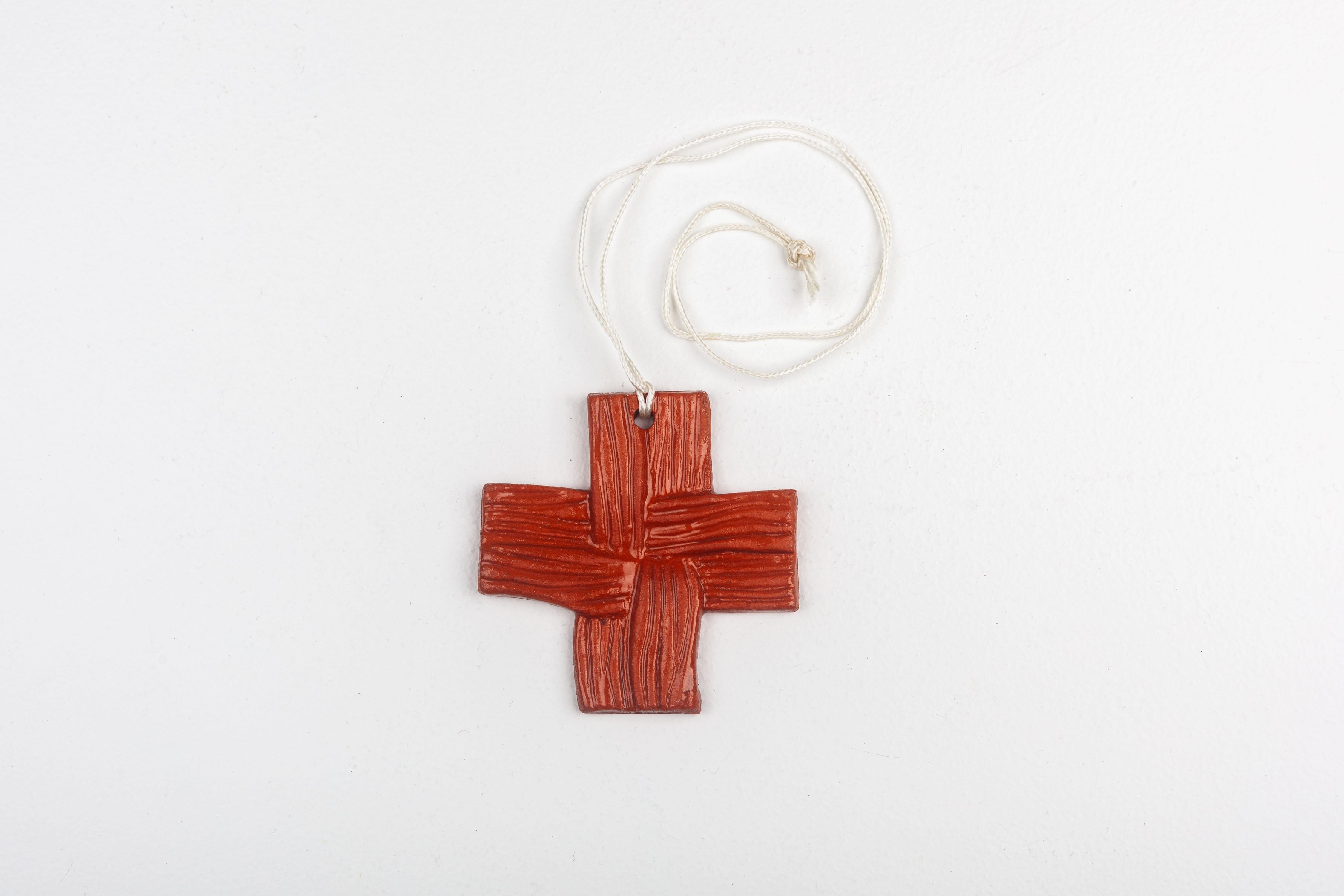Mid-Century Modern Petite Wall Cross, handmade ceramic, woven relief in glossy terracotta, Europe For Sale