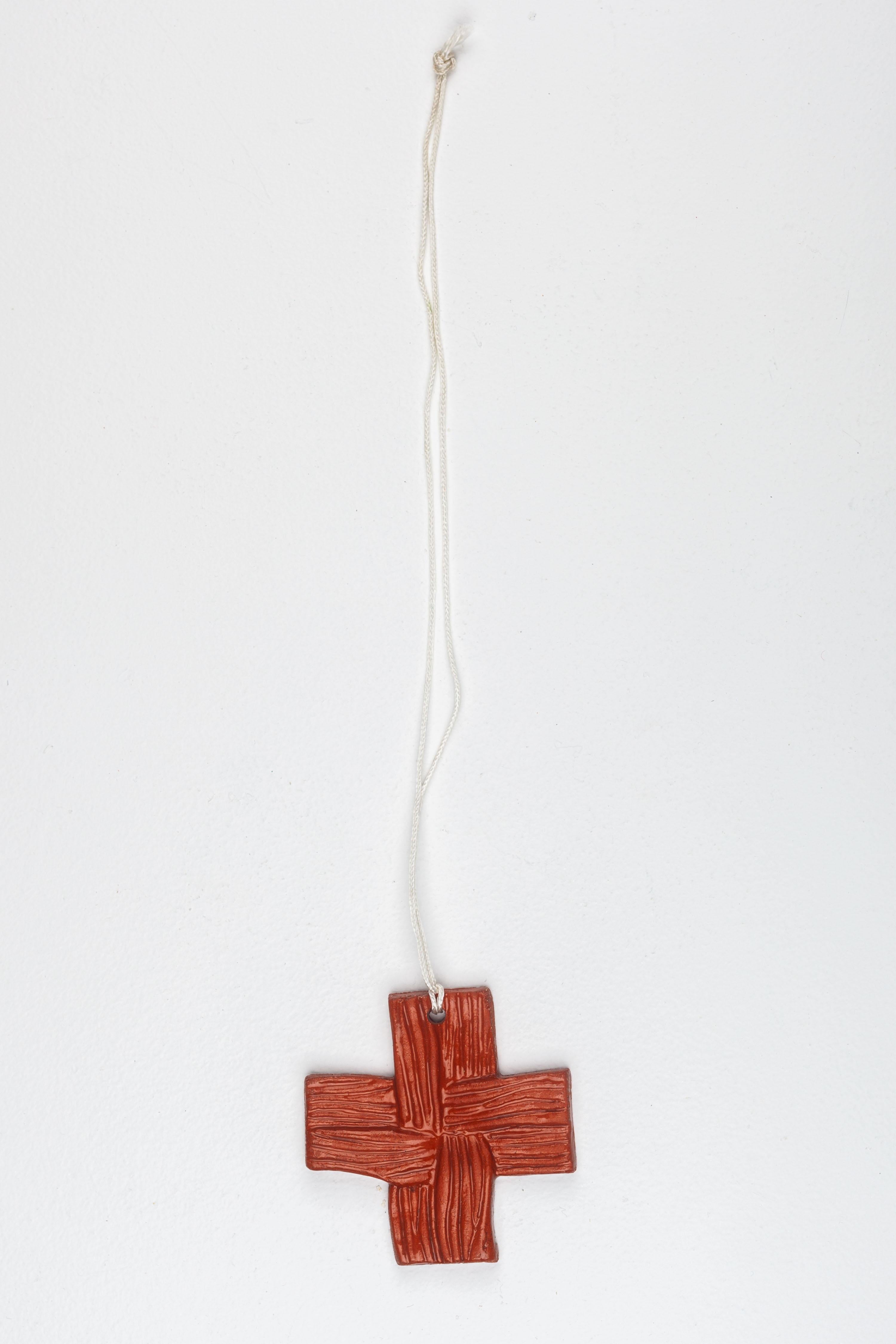 Mid-20th Century Petite Wall Cross, handmade ceramic, woven relief in glossy terracotta, Europe For Sale