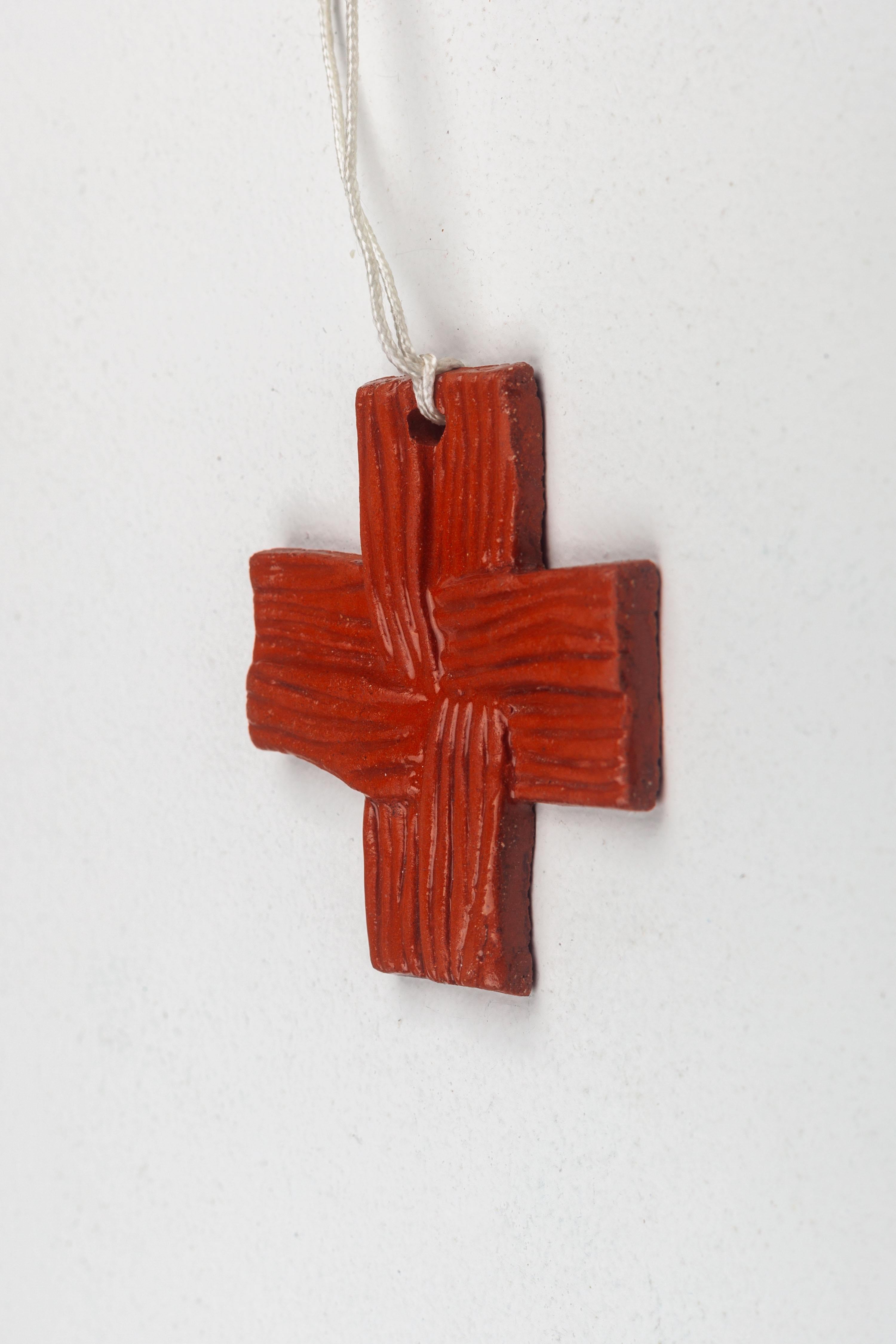 Petite Wall Cross, handmade ceramic, woven relief in glossy terracotta, Europe For Sale 1