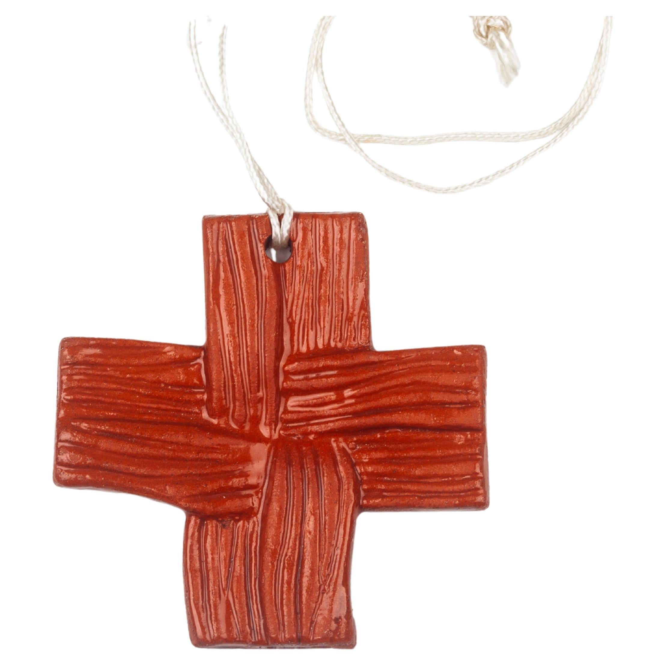 Petite Wall Cross, handmade ceramic, woven relief in glossy terracotta, Europe For Sale