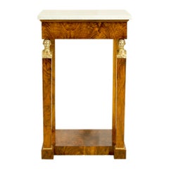 Petite Walnut French Empire Console with Marble Top and Bronze Caryatides
