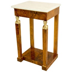 Petite Walnut French Empire Console with Marble Top and Bronze Caryatides