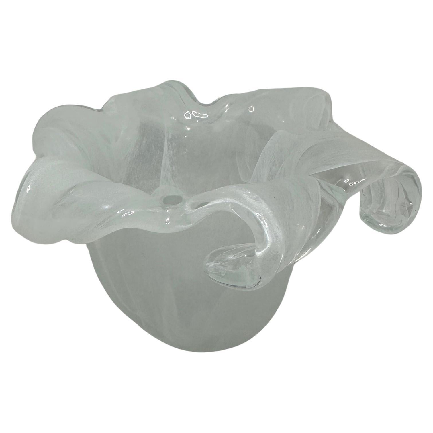 Petite White Clear Swirl Art Glass Murano Flower Design Bowl, Modern, 1980s For Sale