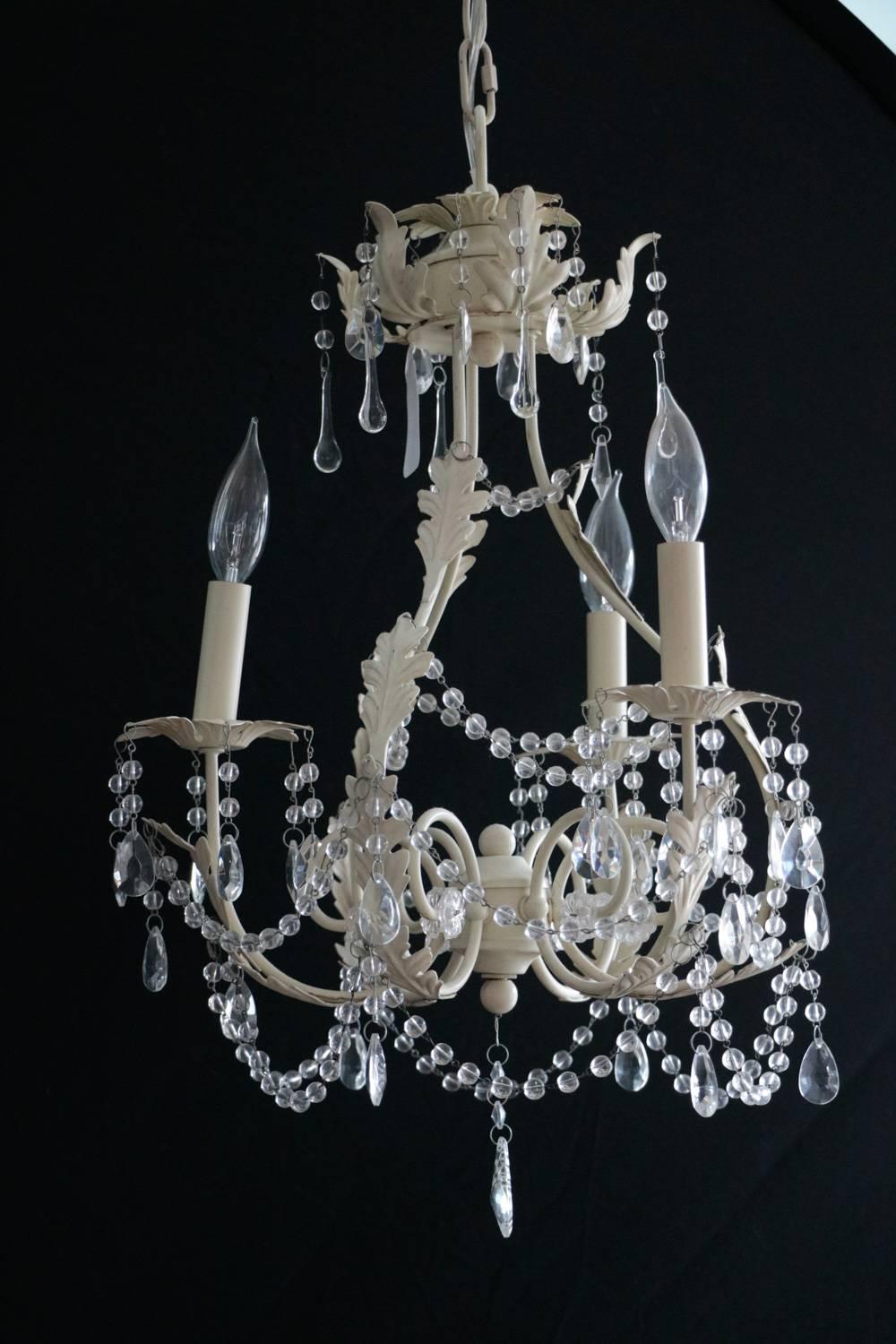 French Flare Distressed White Toile Chandelier.  Tear Drop Crystals with Crystal Beads.  Simple Elegance.  