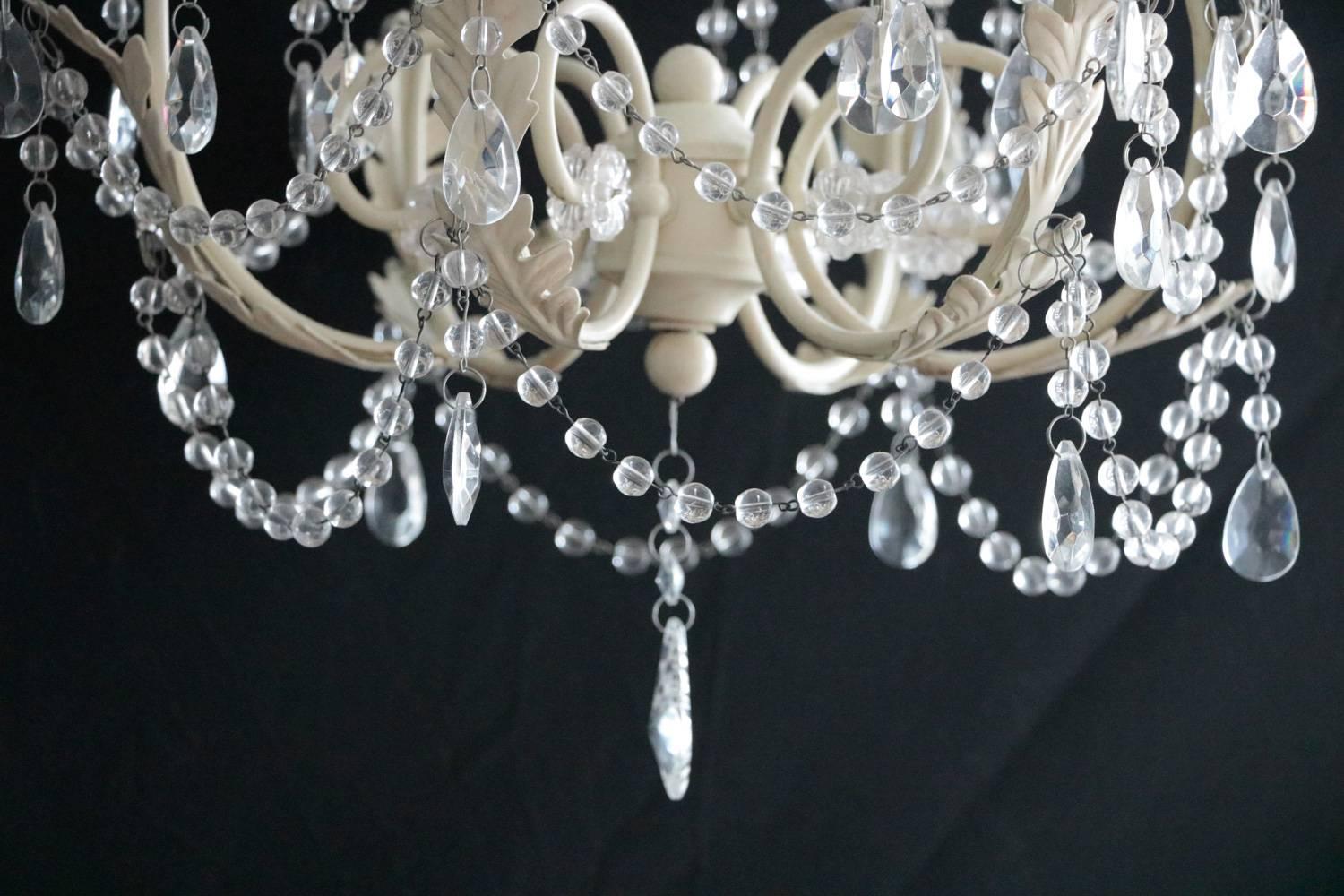 American French Flare Distressed White Toile Chandelier For Sale