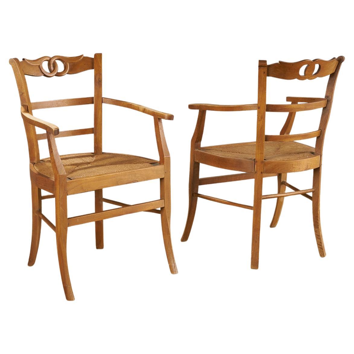 Petite Wood Armchairs With Cord Seats, a Pair