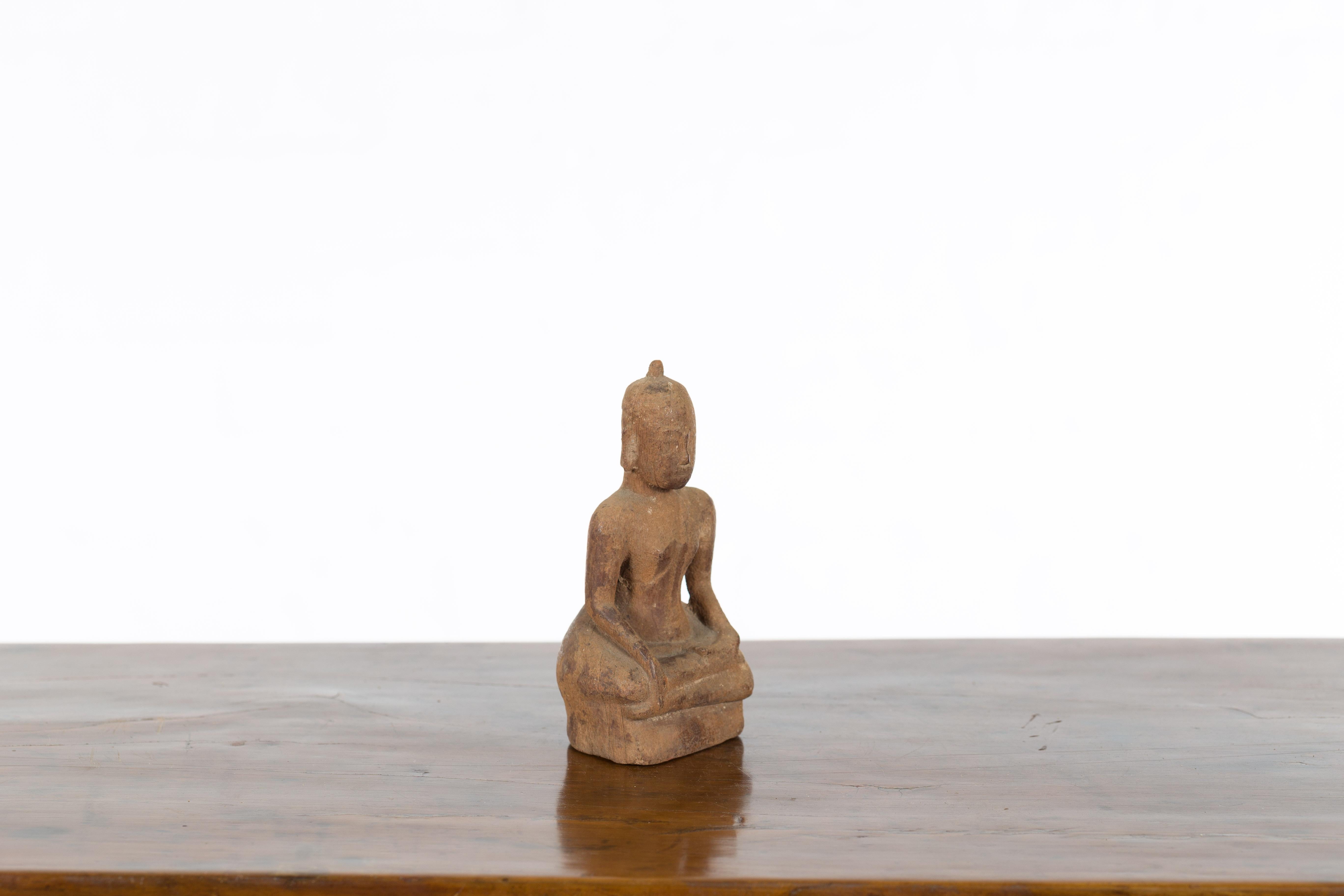 Petite Wooden Thai Ayutthaya Period Buddha Sculpture with Bhumisparsha Mudra 5