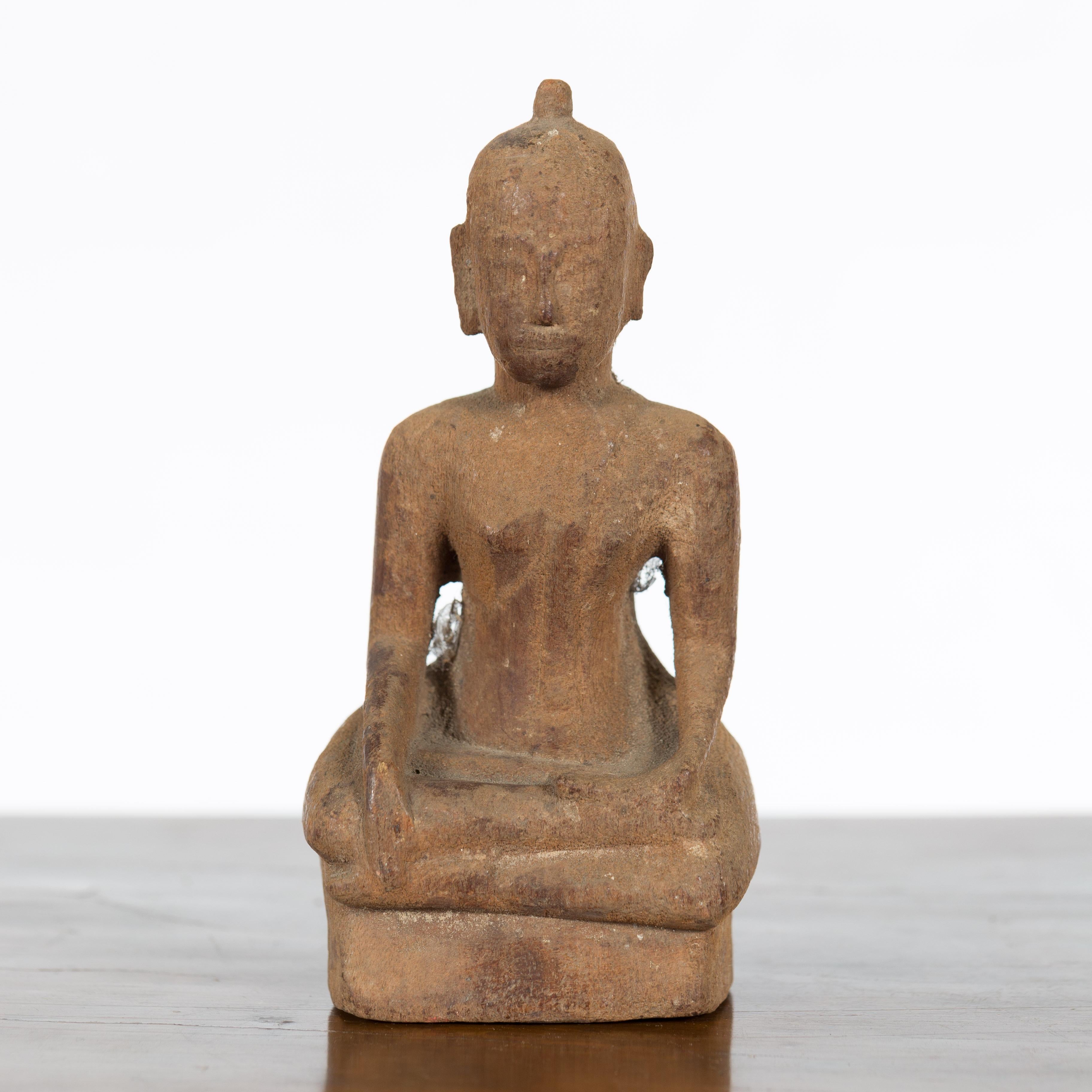 Carved Petite Wooden Thai Ayutthaya Period Buddha Sculpture with Bhumisparsha Mudra