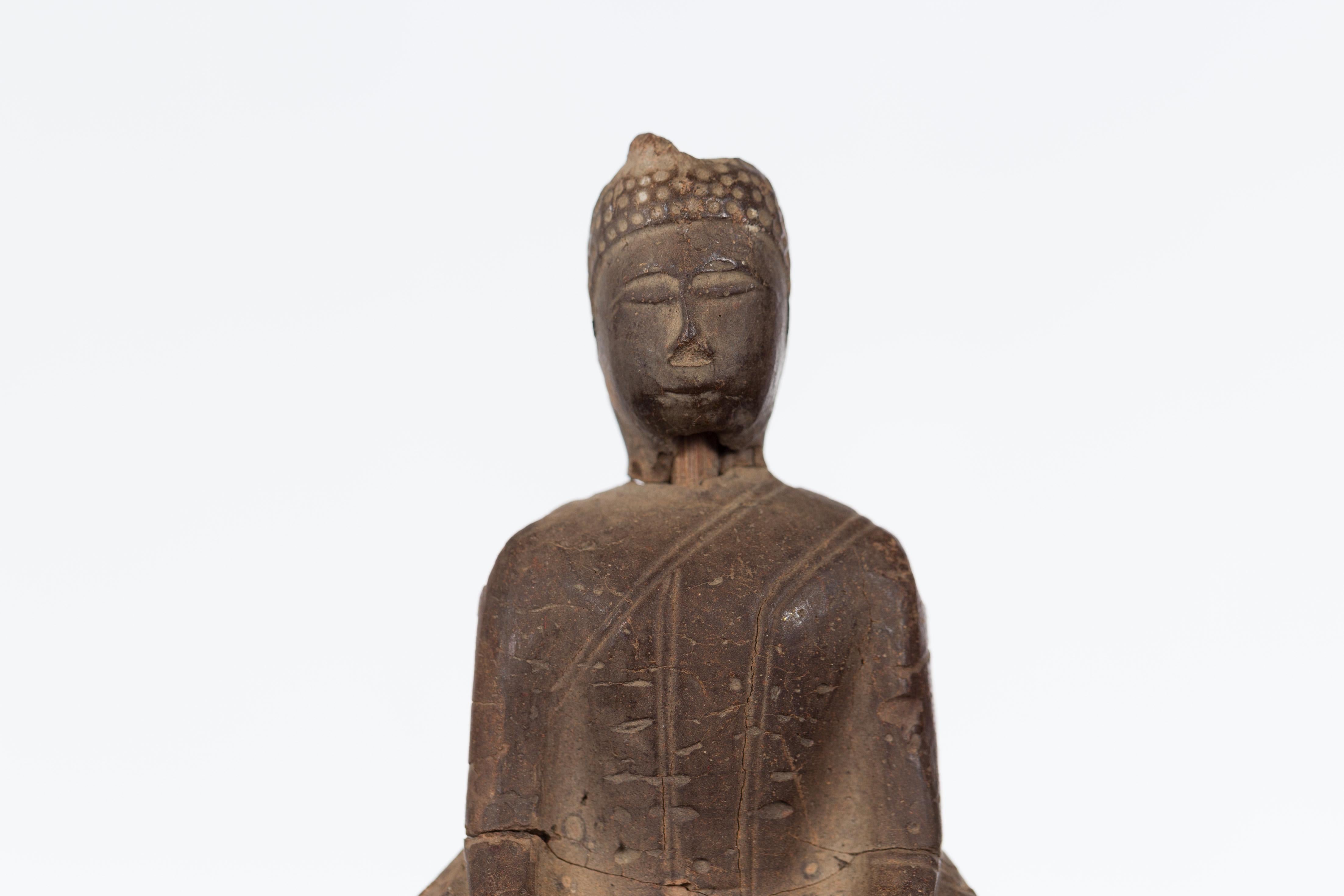 Carved Petite Wooden Thai Ayutthaya Period Buddha Sculpture with Bhumisparsha Mudra