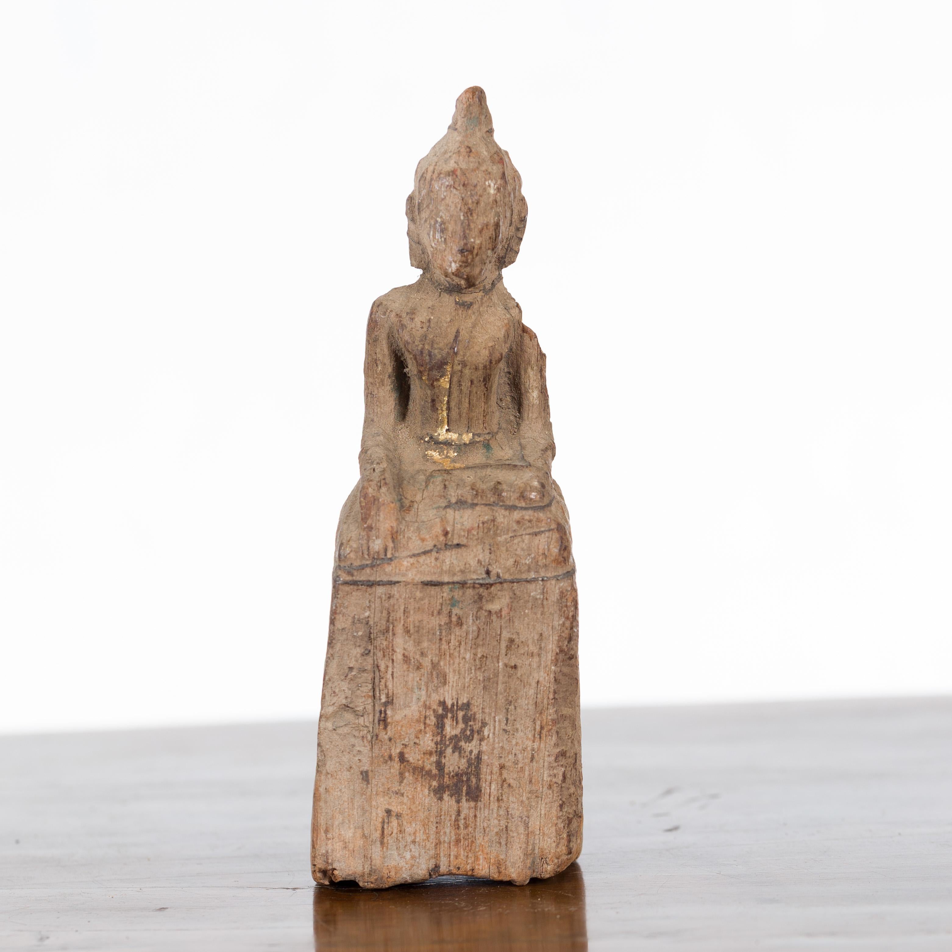Thailändische Buddha-Skulptur aus Holz aus der Ayutthaya-Periode mit Bhumisparsha Mudra (Handgeschnitzt)
