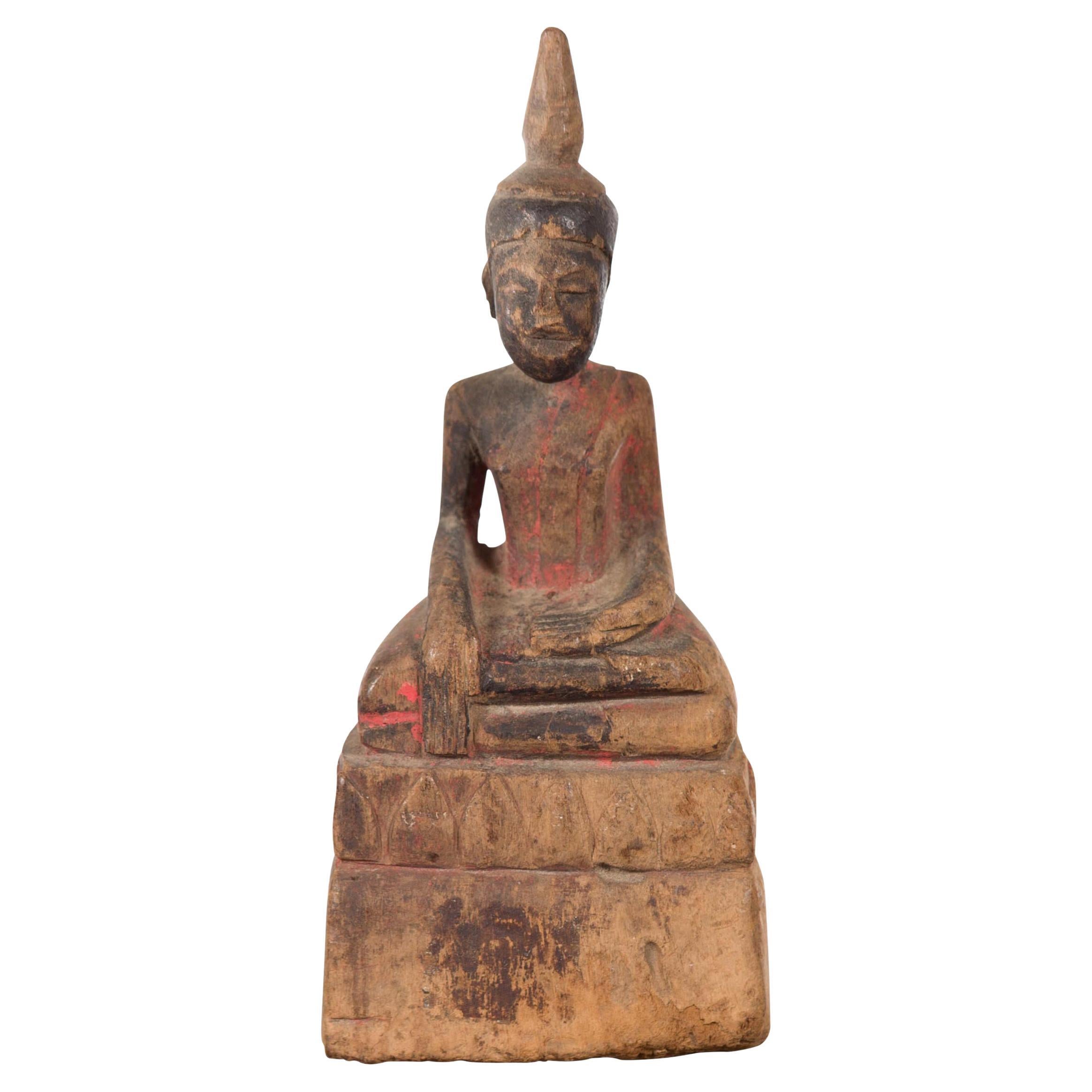 Petite Wooden Thai Ayutthaya Period Buddha Sculpture with Bhumisparsha Mudra
