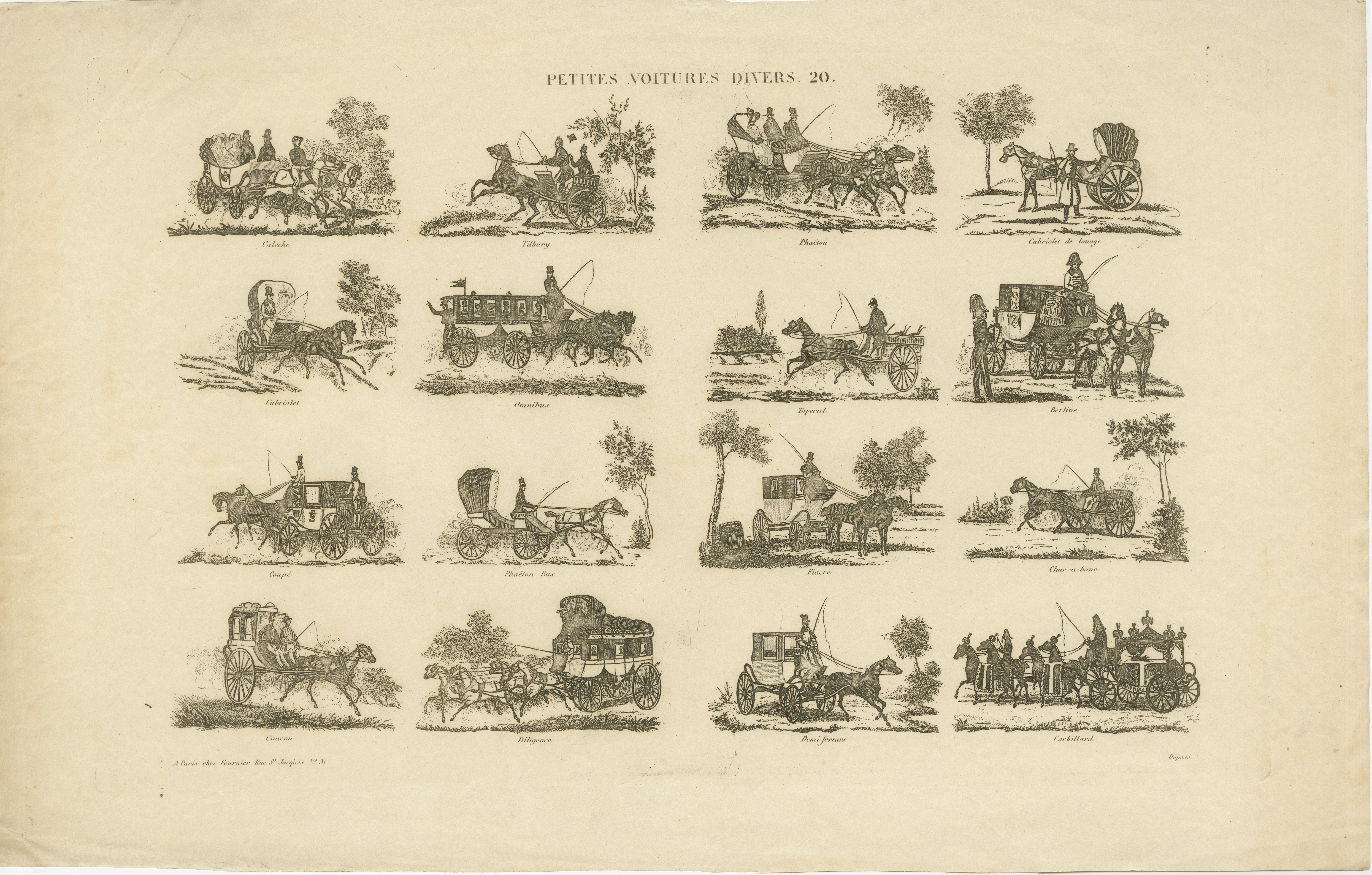 Petites Voitures Divers - Stampa antica di tipi di carrozze, Parigi, 1820 ca.

Si tratta di una lastra incisa finemente dettagliata intitolata Petites Voitures Divers. 20, pubblicata a Parigi nel 1820 circa. La stampa raffigura 16 diversi tipi di