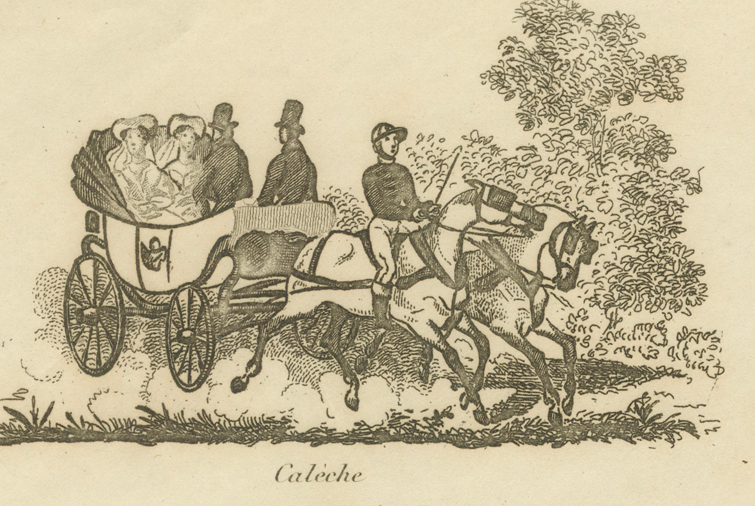 Petites Voitures Divers - Stampa antica di tipi di carrozze, Parigi, 1820 ca. In condizioni buone in vendita a Langweer, NL