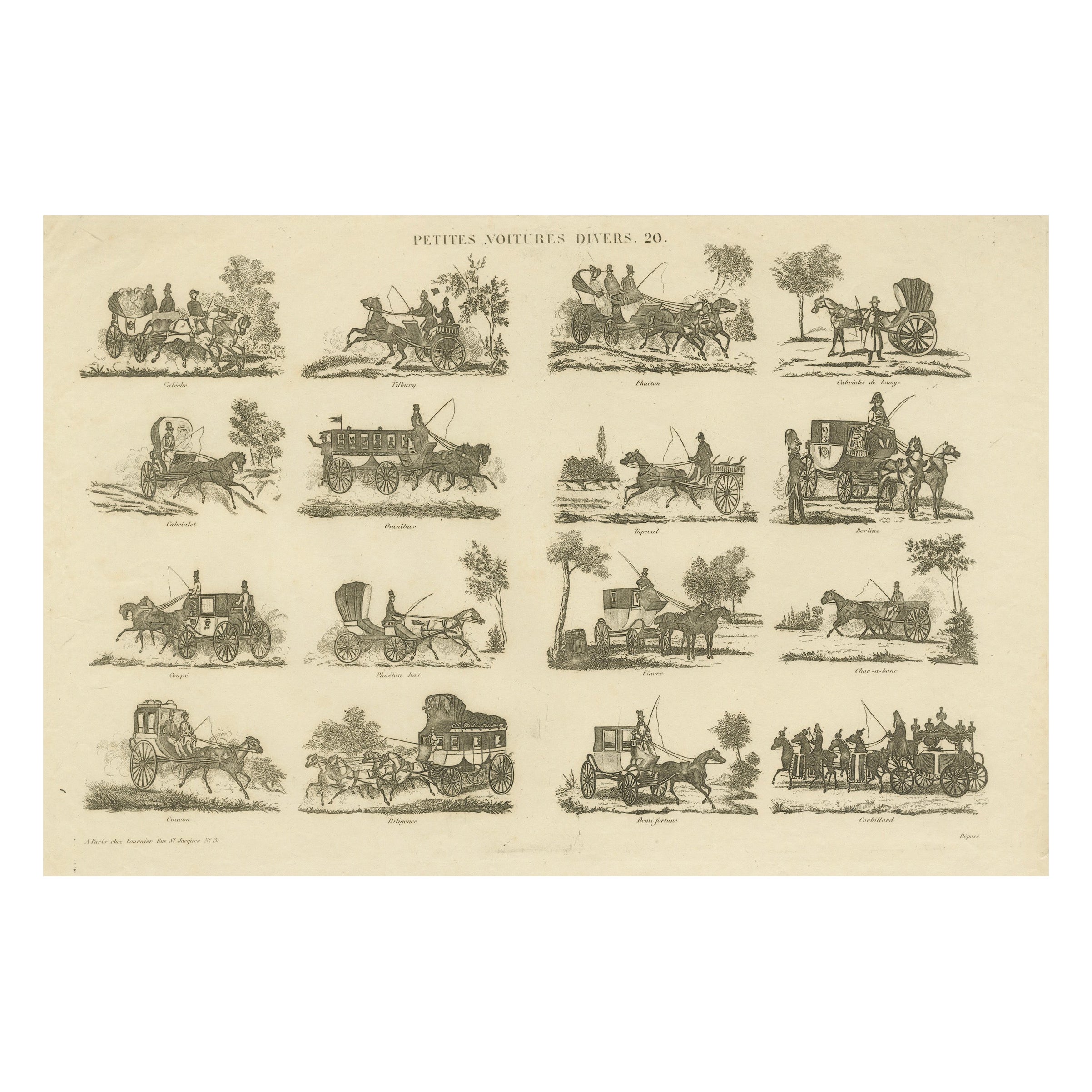 Petites Voitures Divers - Stampa antica di tipi di carrozze, Parigi, 1820 ca. in vendita
