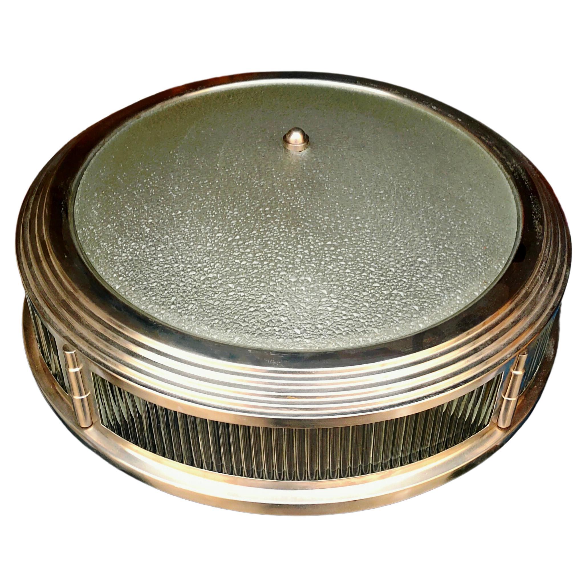 Petitot, Art Deco Ceiling Lamp, Nickelled Bronze, Etched Glass Bowl, Glass Rods For Sale