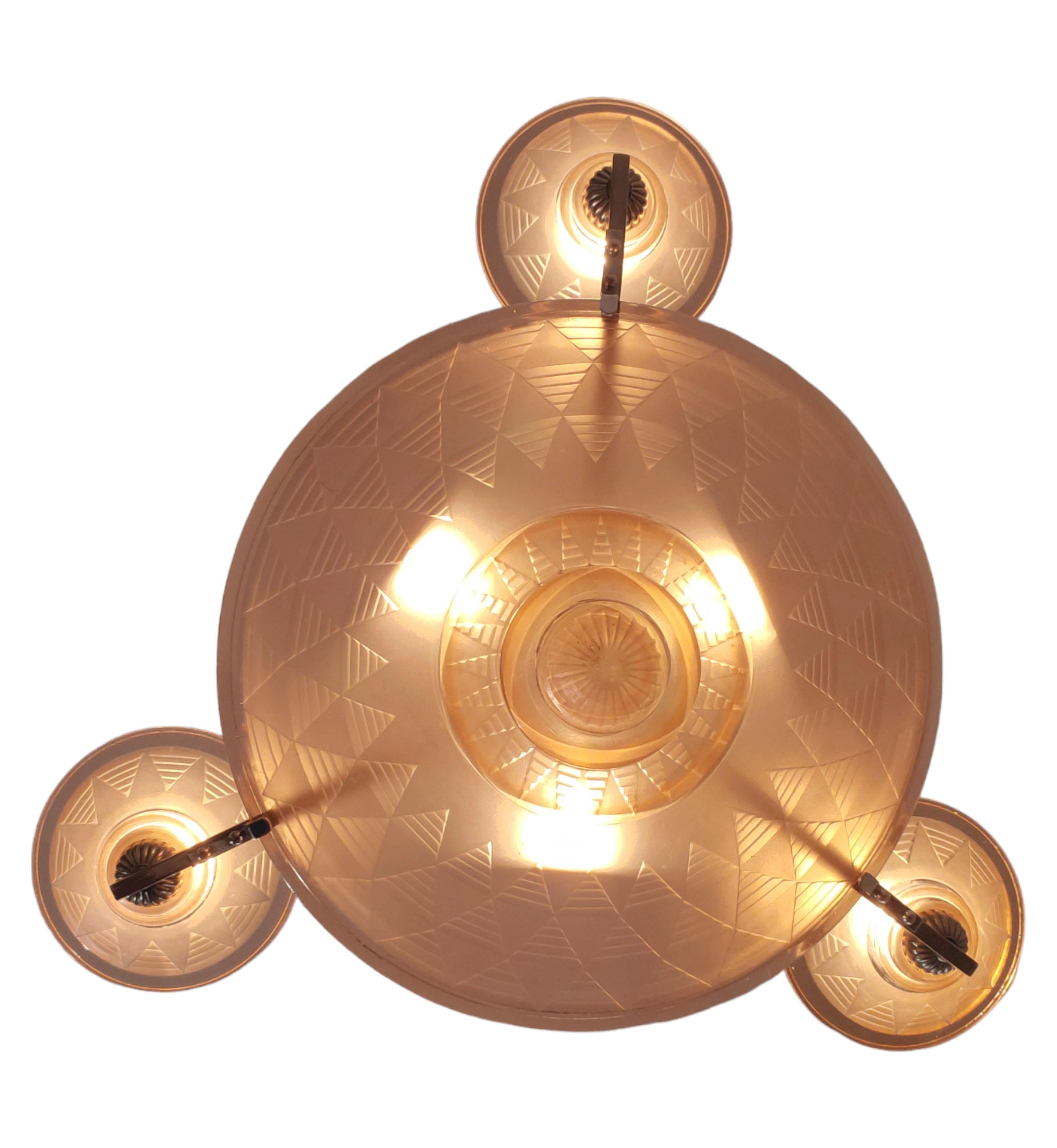 Petitot Art Deco peach /salmon /pink frosted glass + nickeled bronze chandelier For Sale 7