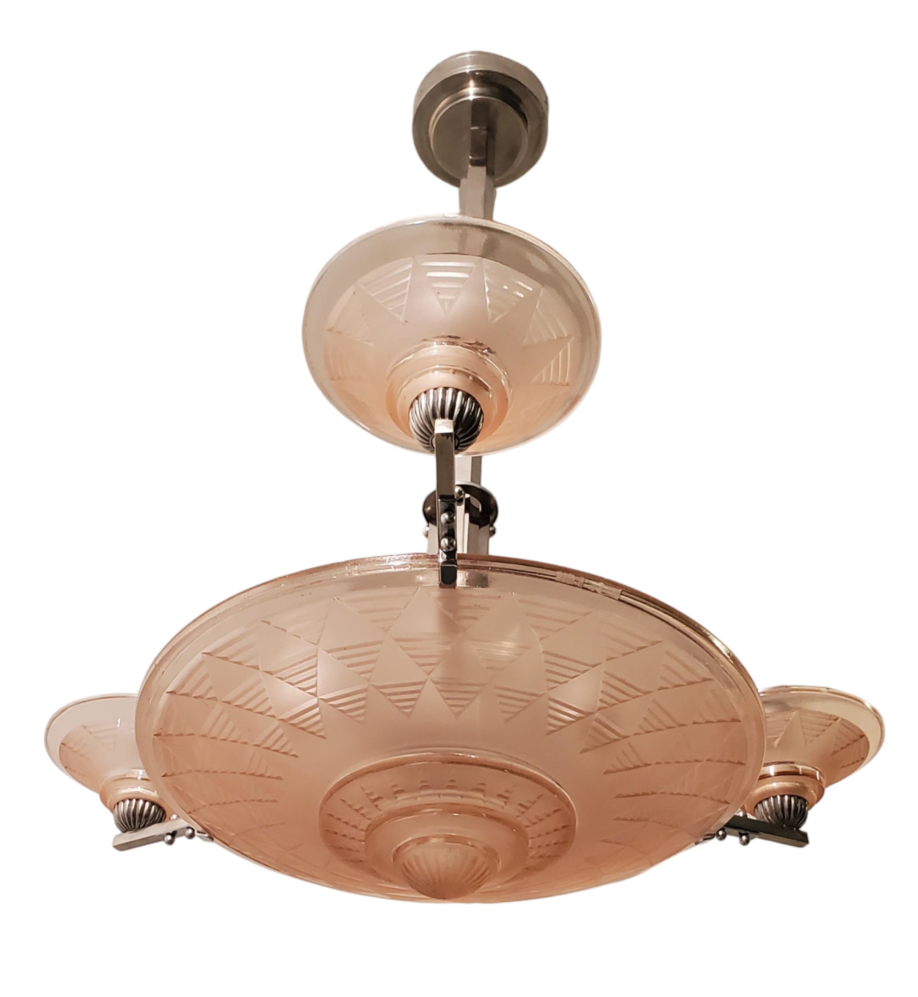 Petitot Art Deco peach /salmon /pink frosted glass + nickeled bronze chandelier For Sale 8