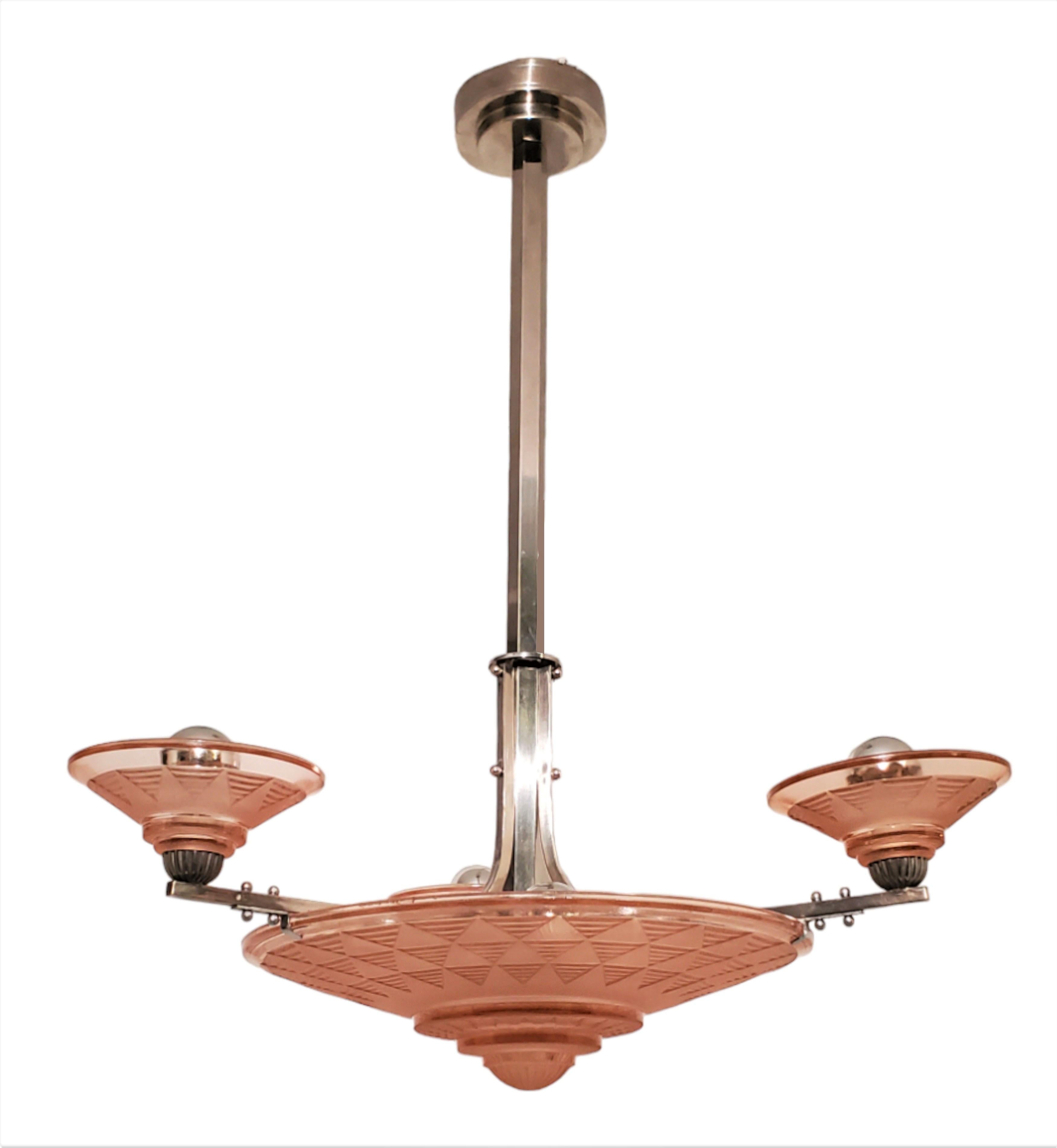 Petitot Art Deco peach /salmon /pink frosted glass + nickeled bronze chandelier For Sale 9