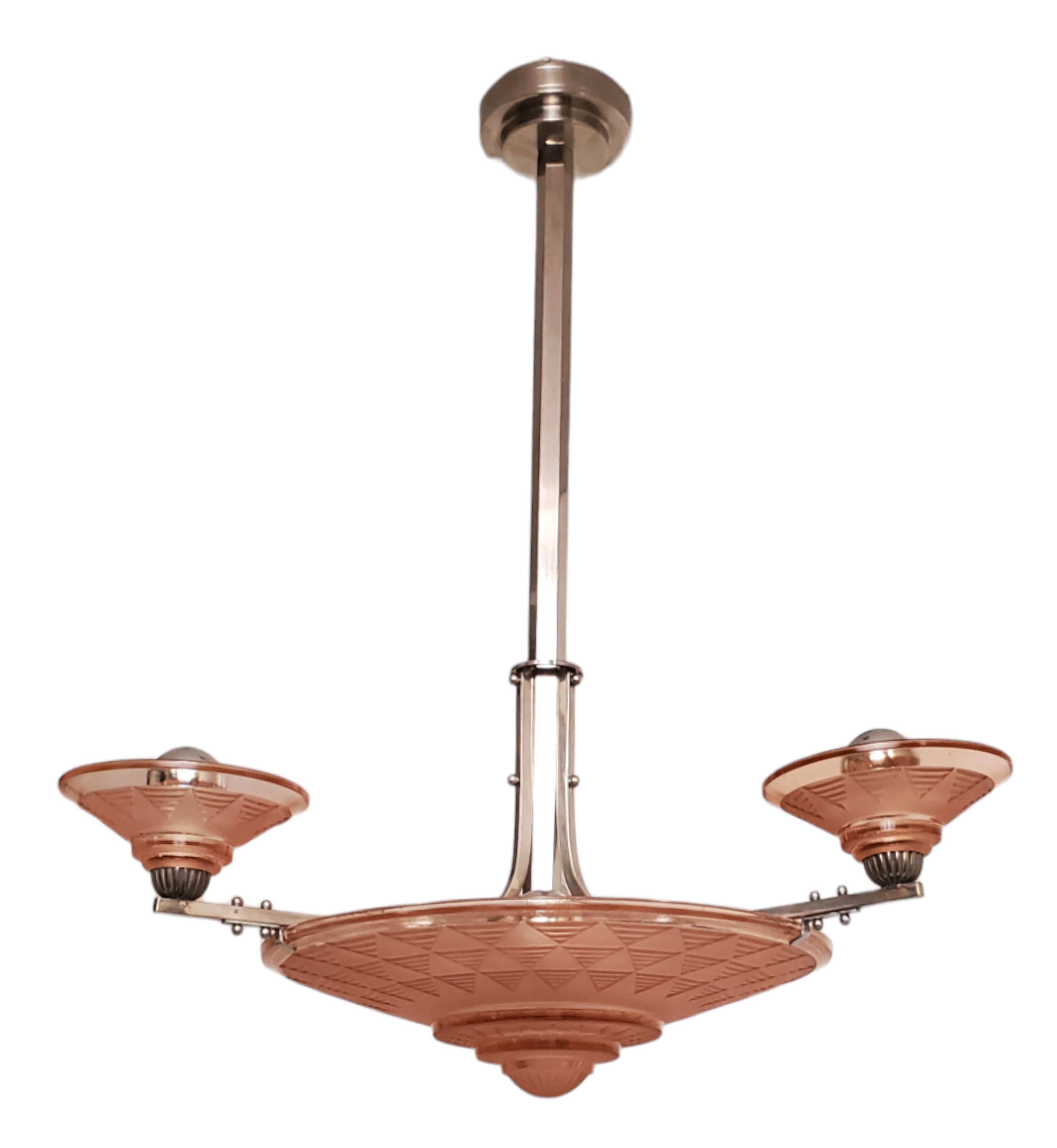 Petitot Art Deco peach /salmon /pink frosted glass + nickeled bronze chandelier For Sale 13