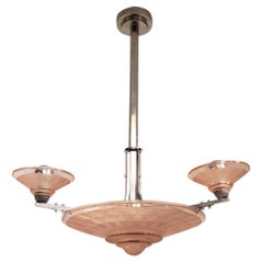 Petitot Art Deco peach /salmon /pink frosted glass + nickeled bronze chandelier