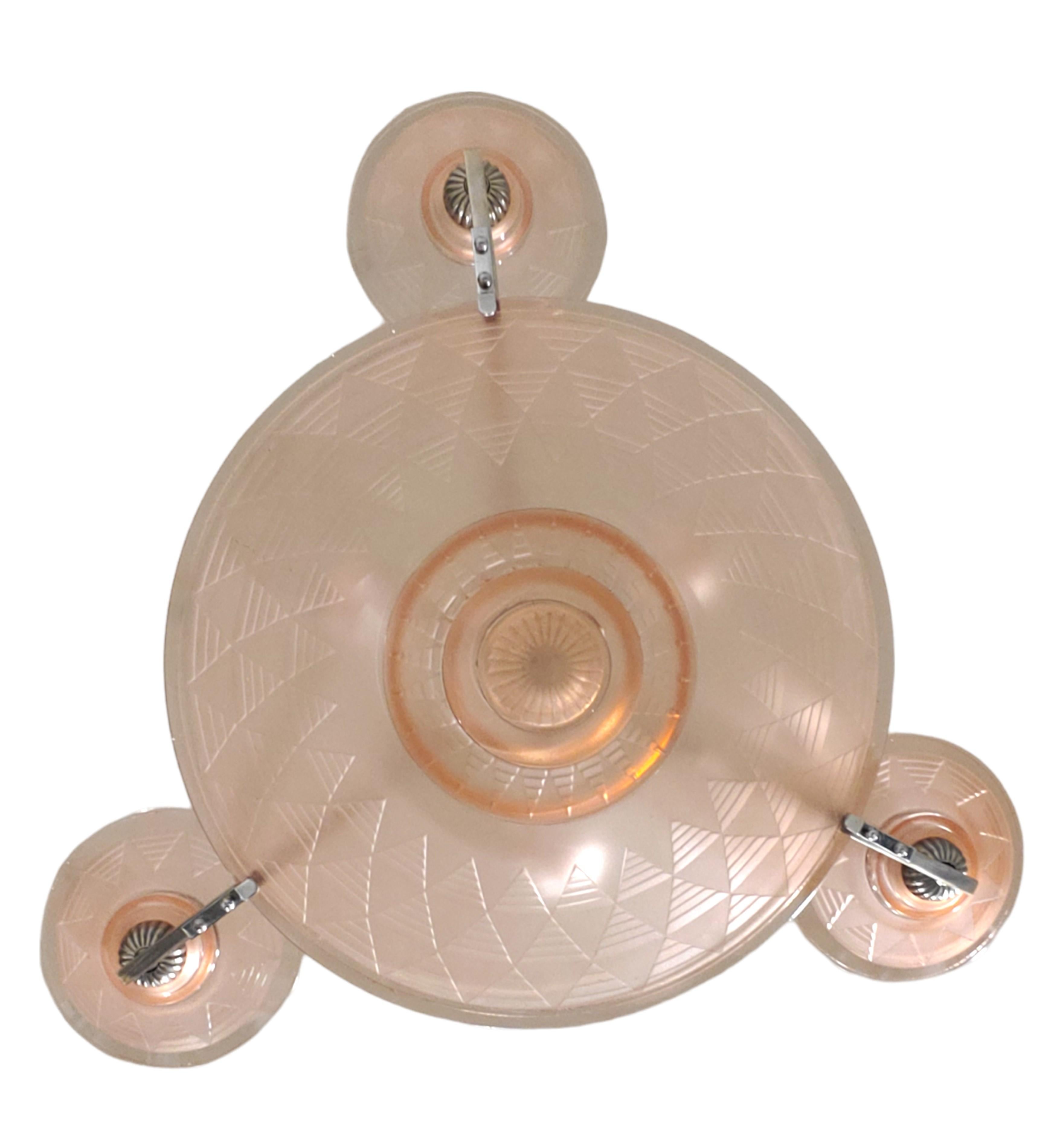 Petitot Art Deco peach /salmon /pink frosted glass + nickeled bronze chandelier In Good Condition For Sale In New York City, NY
