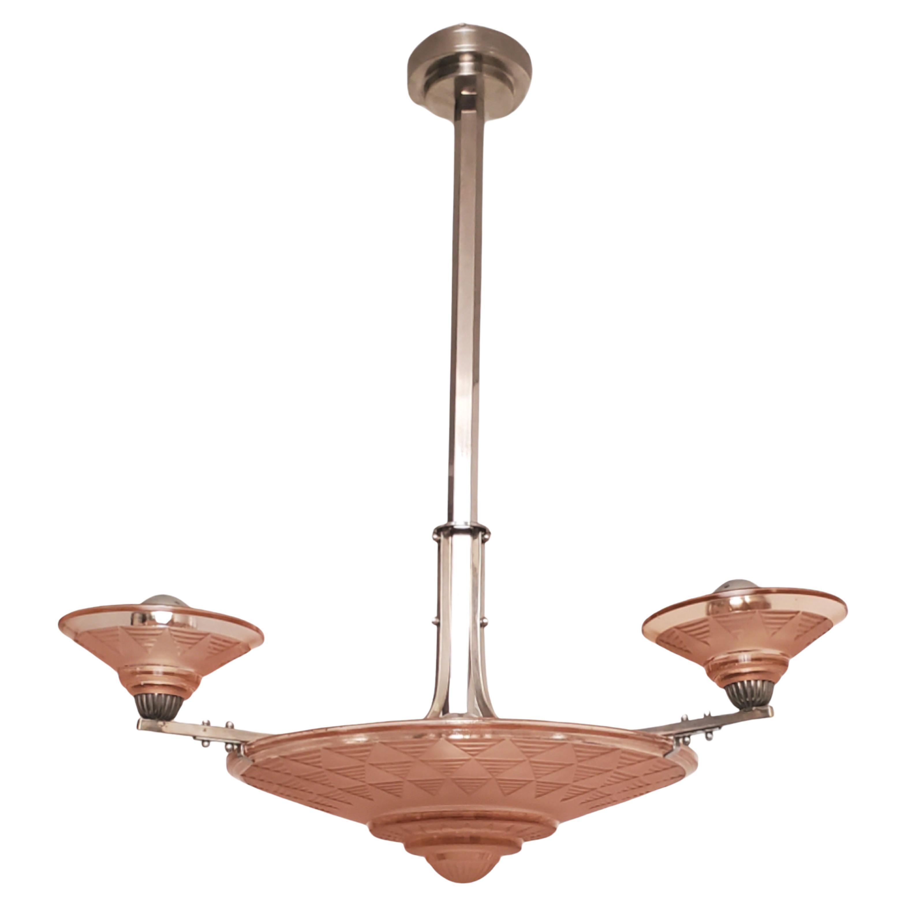 Petitot Art Deco peach /salmon /pink frosted glass + nickeled bronze chandelier For Sale