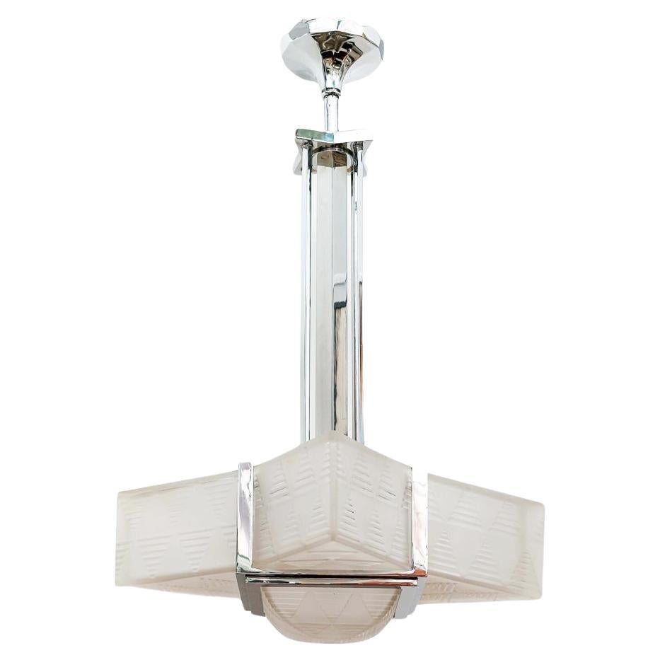 Petitot, Art Deco Triangle Chandelier, Nickeled Bronze, Sandblasted Glass, 1930 For Sale