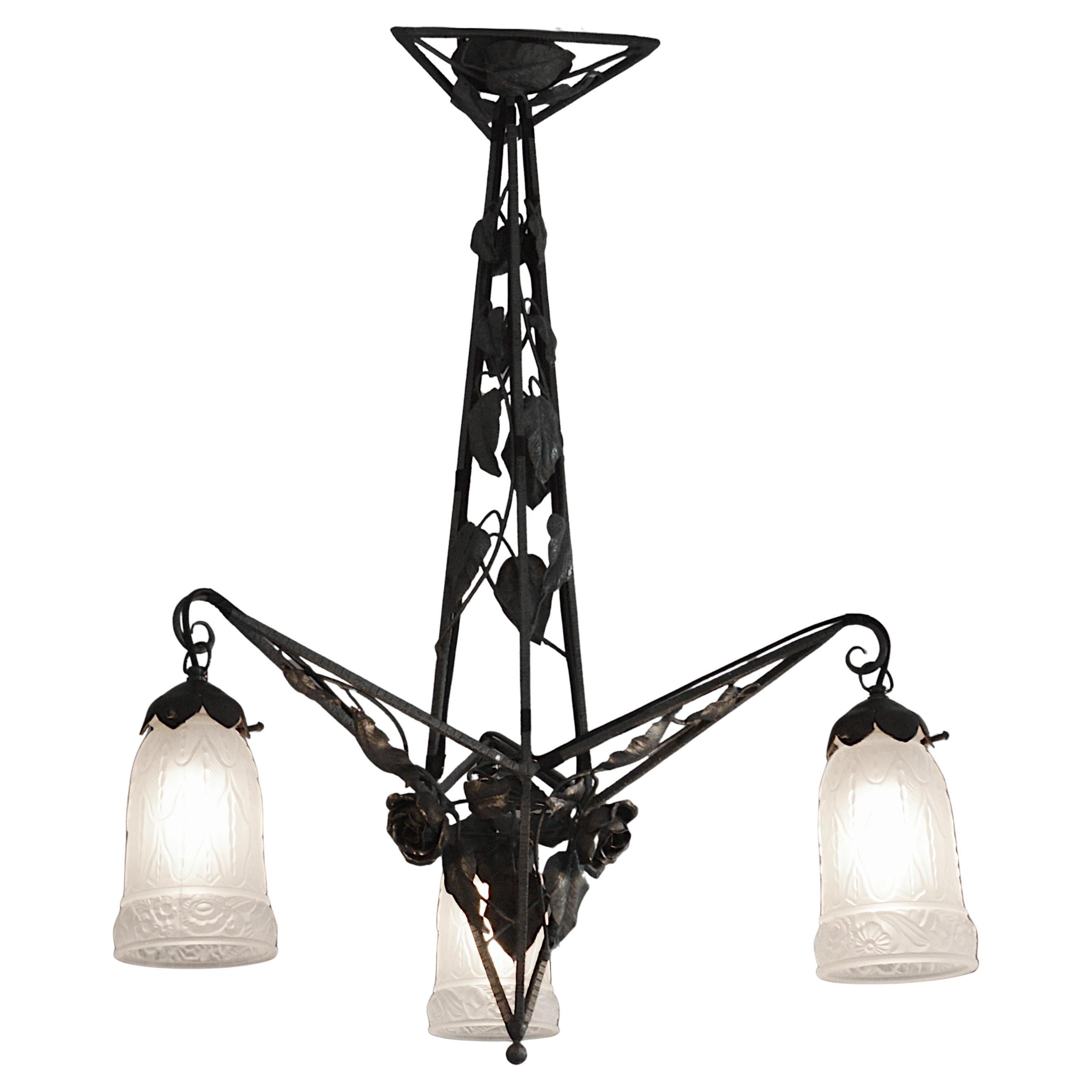 Petitot Art Deco Wrought-Iron Chandelier, 1920 For Sale