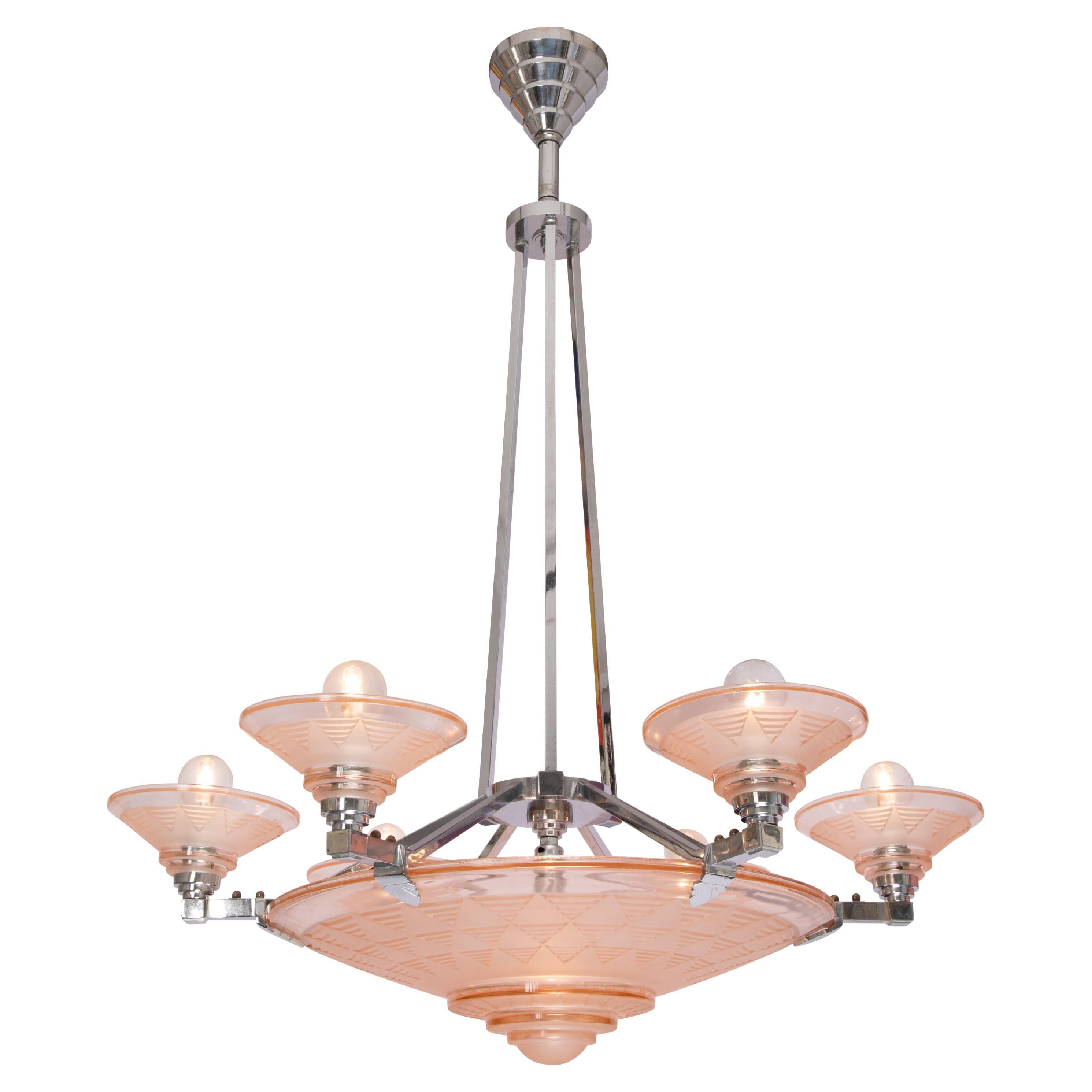 Petitot, Circular Art Deco Chandelier, Nickelled Bronze Pink Frosted Glass, 1930 For Sale