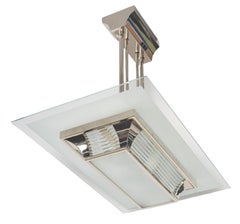 Petitot, Rectangular Art Deco Chandelier, Nickeled Bronze, Sandblasted Glass