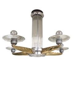 Petitot signed bronze, nickel, aluminum, glass five arm skyscraper chandelier