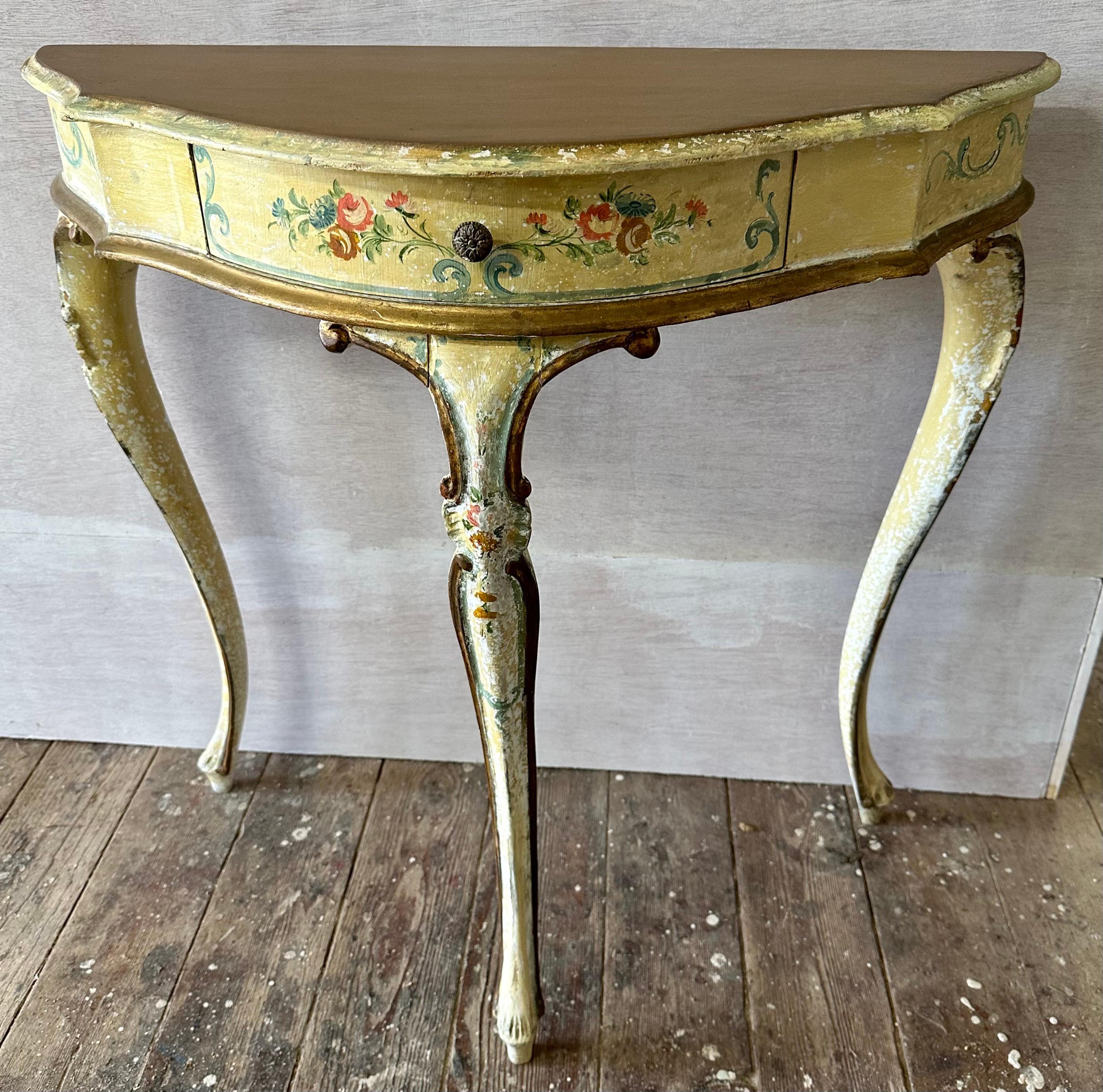 Hand-Crafted Petitte French Rococo Style Painted Console Table For Sale