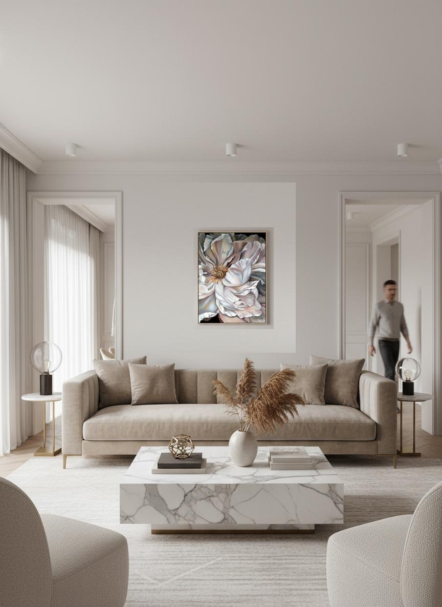 Soft, flowing petals unfold in a quiet metamorphosis, dissolving into the canvas like echoes of an unspoken thought. This piece explores the impermanence of form—how nature’s structures exist in a constant state of transformation, blurring the