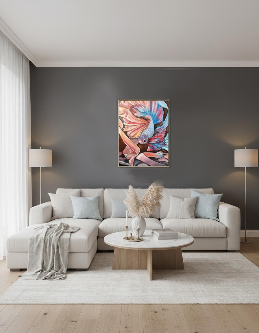 Dieses Gemälde ist eine Reflexion über die flüchtige Natur der Bewegung und die Wechselwirkung von Licht und Form. Der im Raum schwebende Betta-Fisch wird zum Symbol für das Fließen und die Veränderlichkeit der Zeit, seine verschleierten Flossen