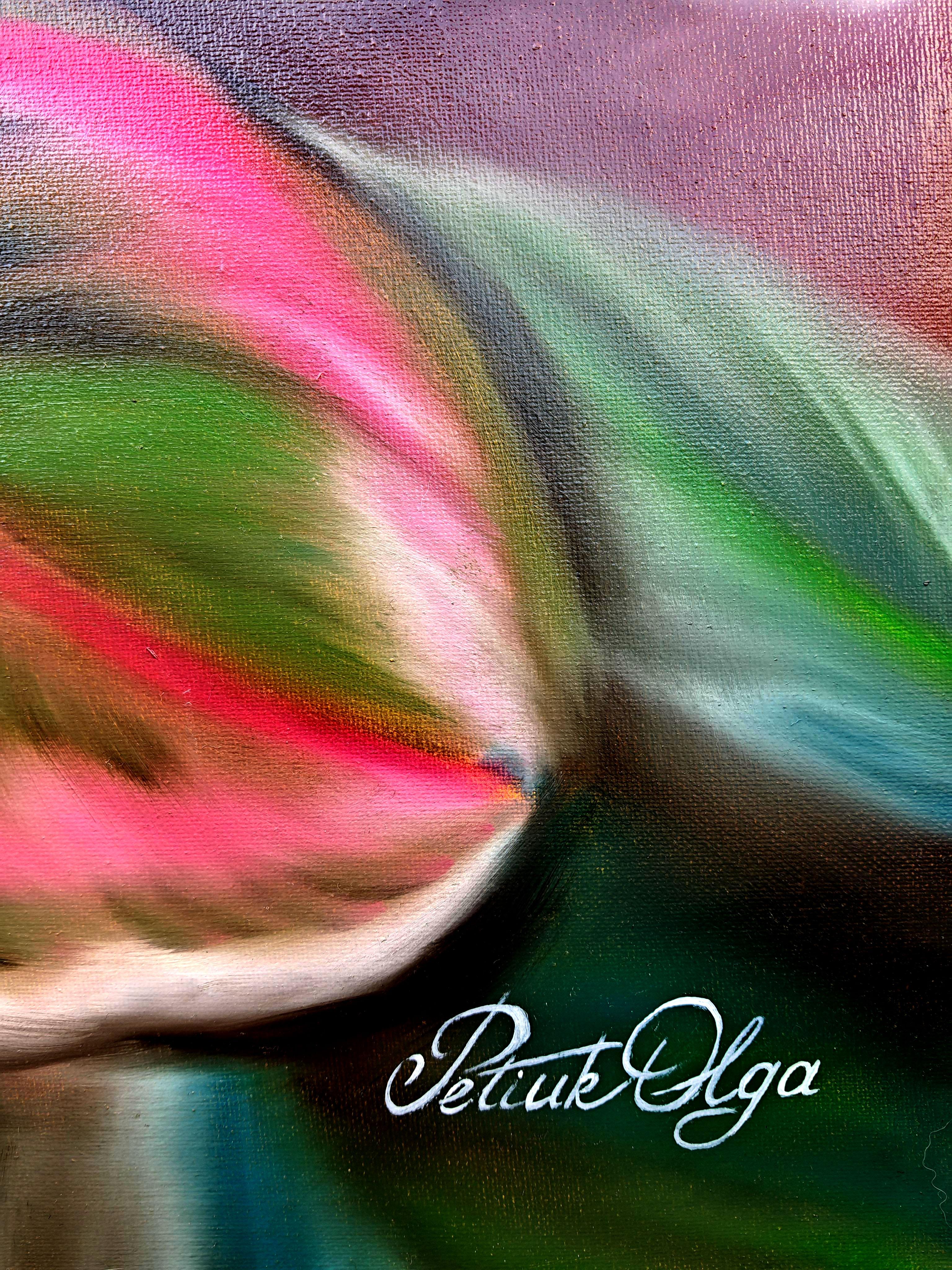 Das Gemälde fängt die Schwelle der Dämmerung ein, wenn die Farben weicher werden, aber immer noch im Flüsterton sprechen. In der Nahaufnahme werden die Blätter zu pulsierenden Lichtflächen: Kühles Neonblau und -grün trifft auf warmes Korallenrot und