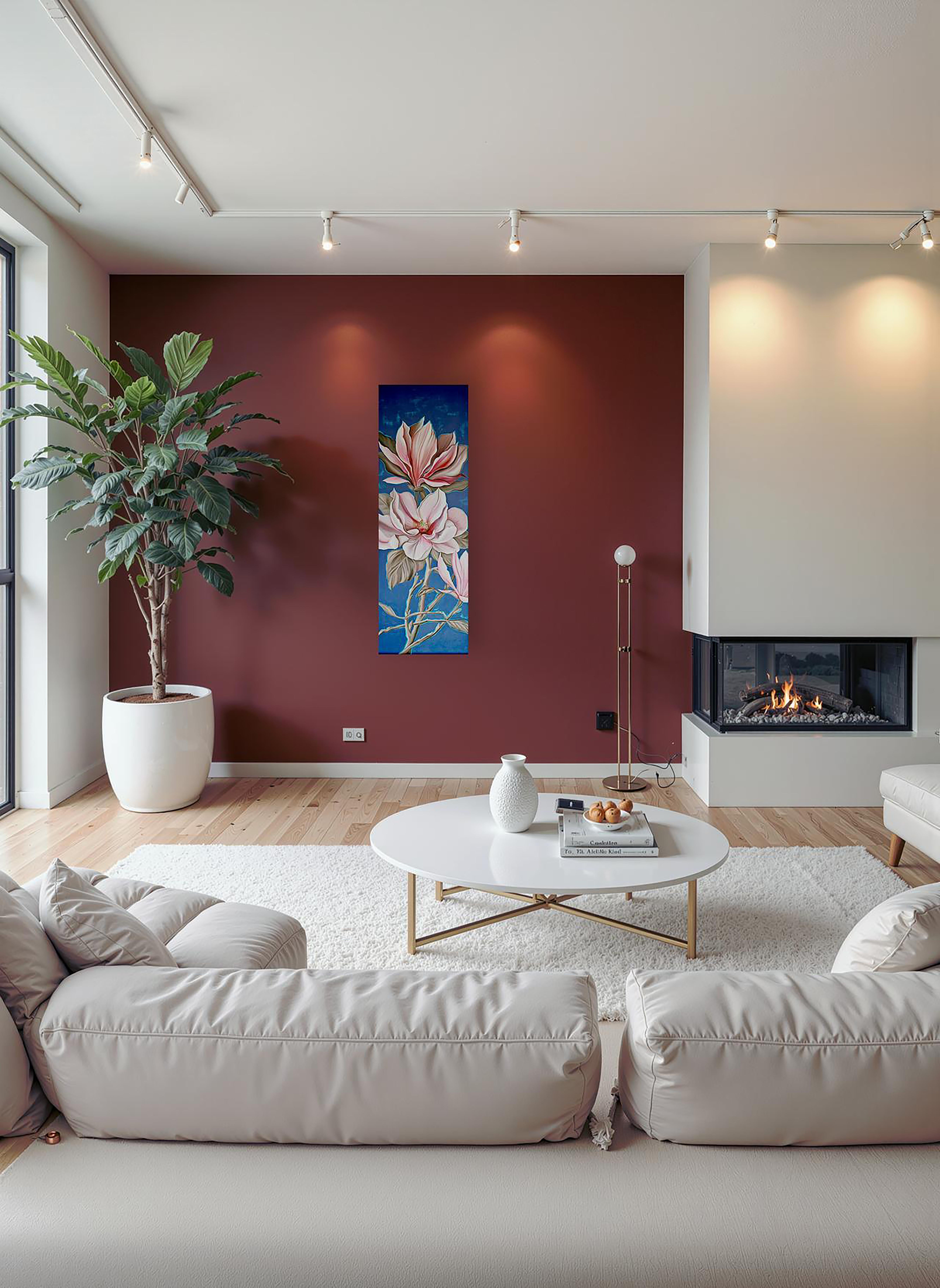 Magnolia blooms out of a pause—the world holding its breath for a heartbeat—out of the inner quiet where the choice to live gently, yet inexorably, takes root. A vertical spine of branches sets the axis of composure, while rose tinted petals record