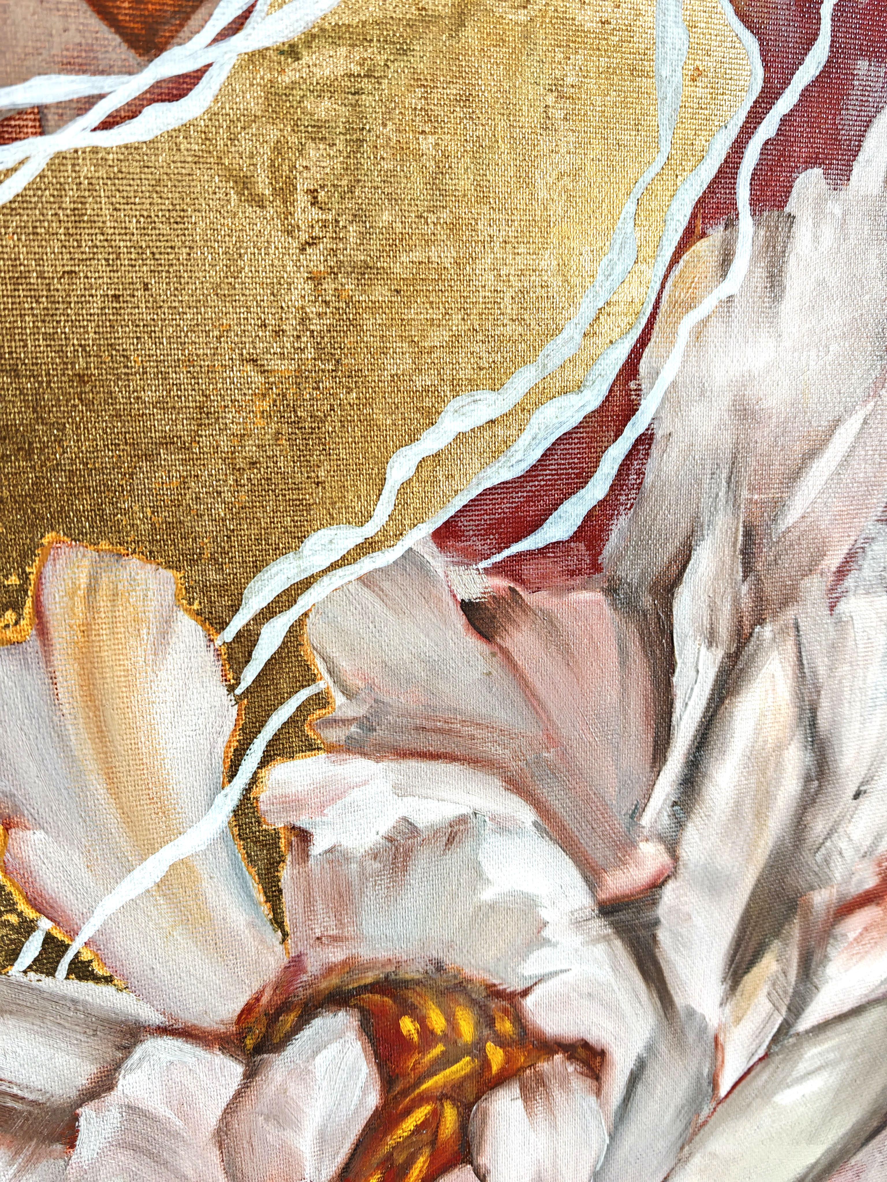 Ce tableau est une tendre incarnation de la lumière et du confort, où une fleur blanche-crème sert de symbole à l'énergie vitale et à l'inspiration. Elle semble émaner du cœur même, illuminant un fond d'or orné de motifs traditionnels ukrainiens.