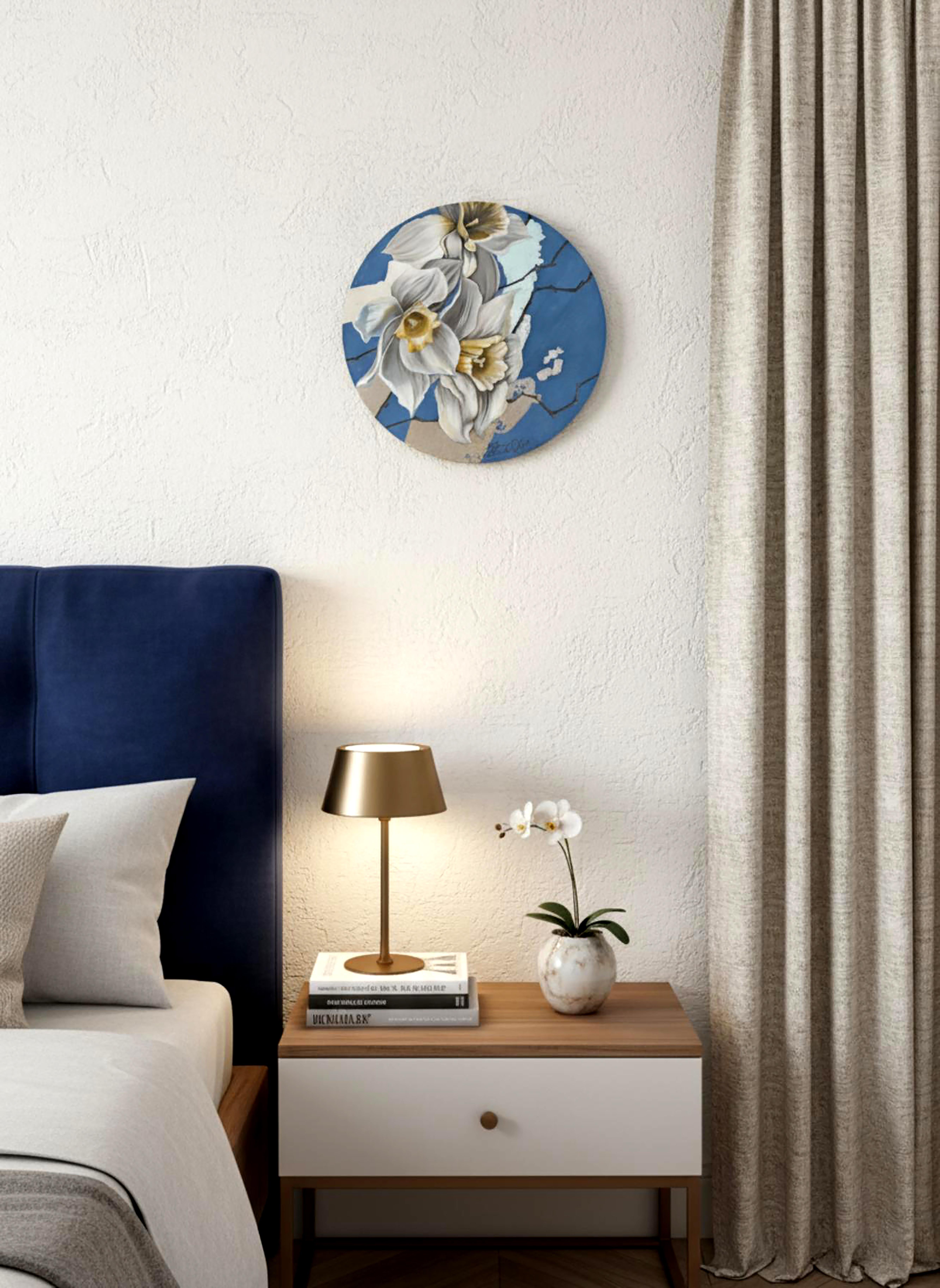 This painting turns the fragile motif of daffodils into an image of memory and feeling awakening: branch like fissures, echoing the lines of kintsugi, do not destroy but affirm wholeness, letting the light break through. A blue sphere—like a vault