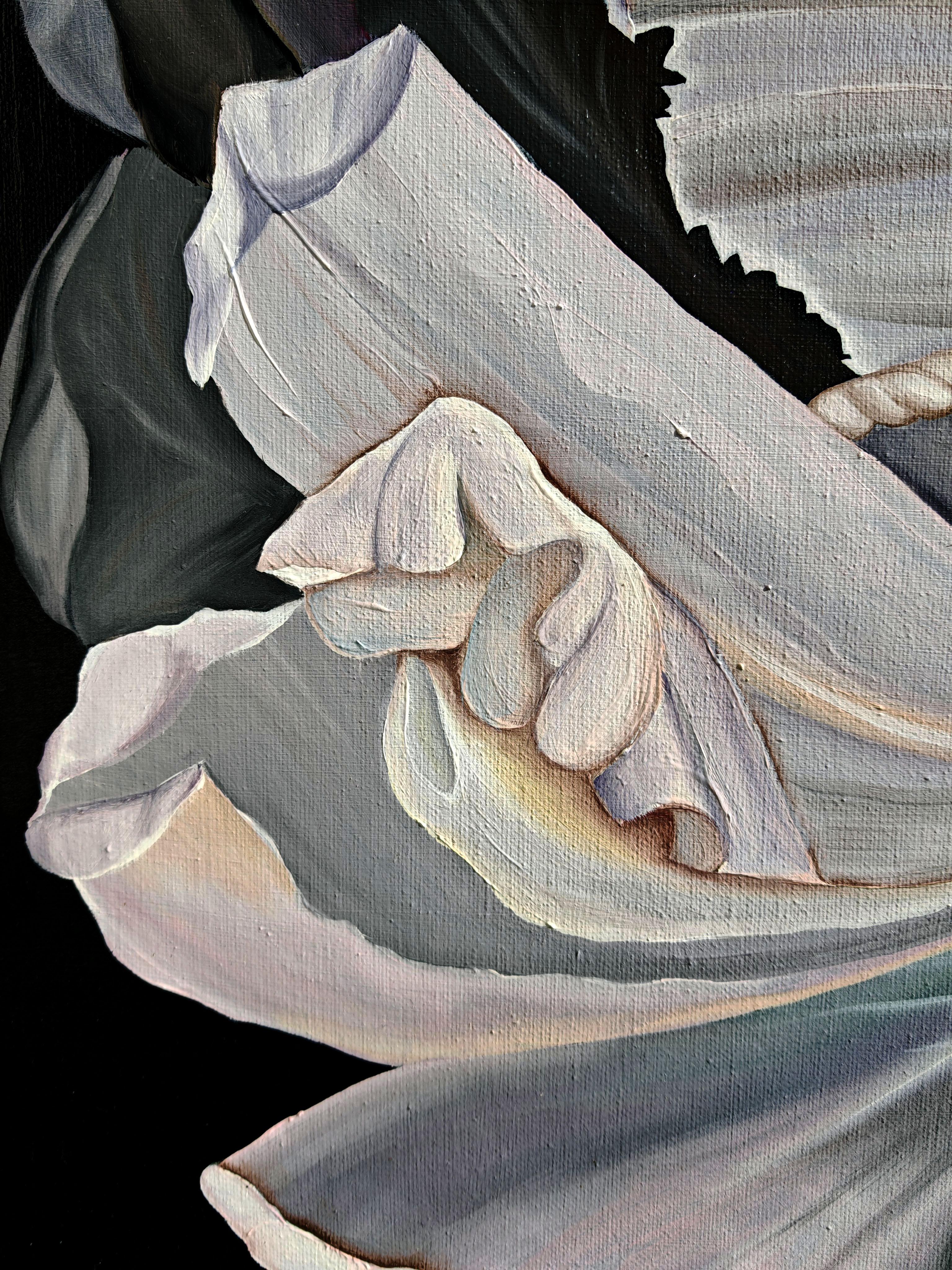 Dieses Gemälde zeigt zwei große weiße Blumen, die für Harmonie und Frieden stehen. Die Blütenblätter symbolisieren Reinheit und Ruhe und lassen den Betrachter in eine Atmosphäre des inneren Friedens und der Gelassenheit eintauchen.

Die