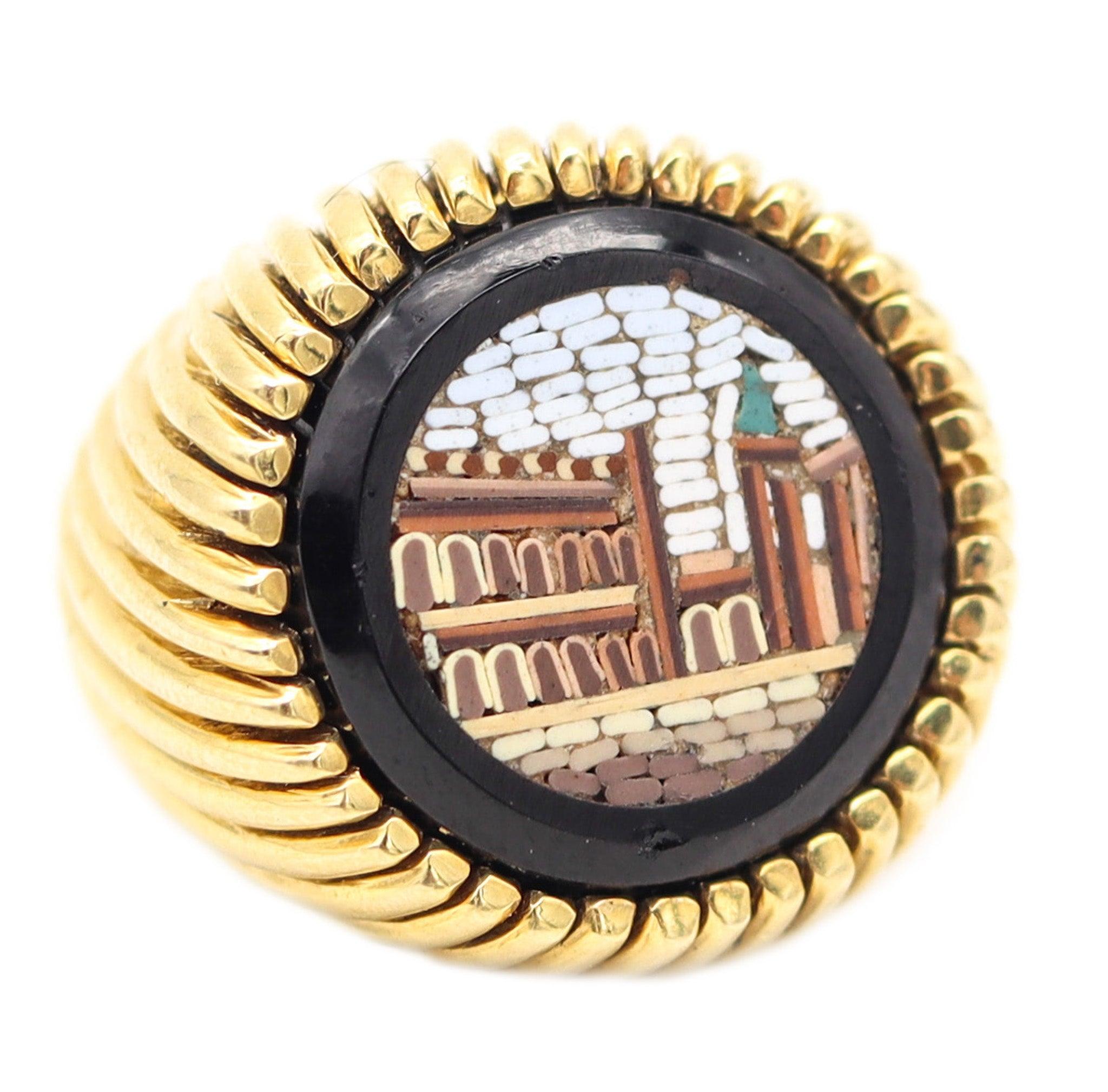 PETOCHI Firenze Roman Revival Ring With Micro Mosaic In Solid 18Kt Yellow Gold